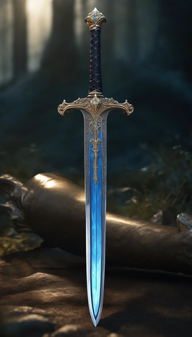 (Outstanding、Professional、Surreal)、Detailed sword, Metallic texture, Lying on the ground, The sword glows blue, there is a shield behind the sword, engraved with 2 eagles and lions on the shield, long sword, metal sword handle, luxurious, write " ETERNALS " on top