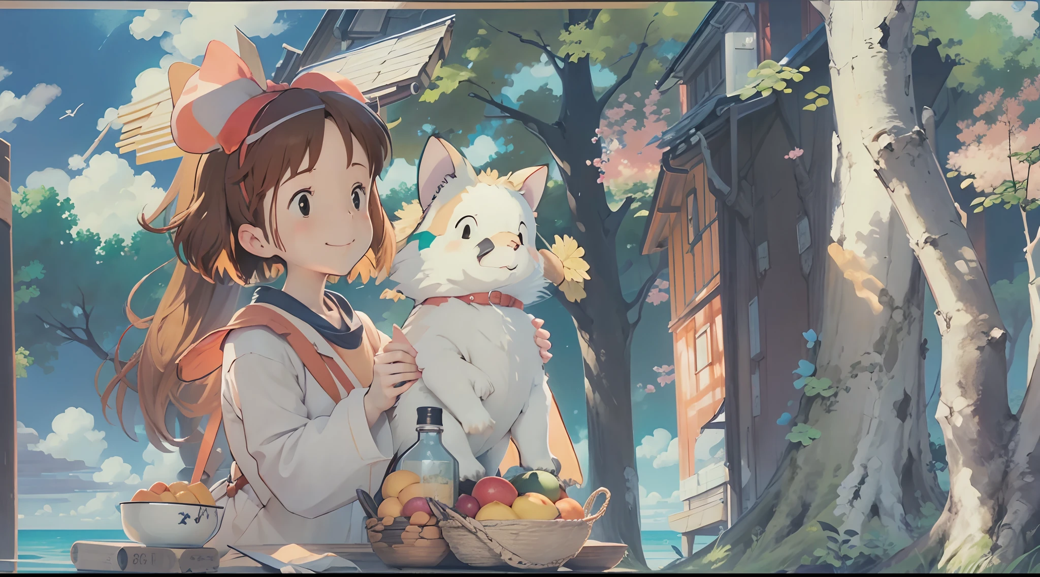 (Studio Ghibli style 1.3)(Ghiblido color tone 1.3)A -yeld giBy the lake in the forest,Little squirrels are by your side,flower sea,having picnic,There are a lot of fruits,Extreme light and shadow,Aurora chase,Extreme ambient light,The ultimate lake reflection,heal,bright sun,(with blue sky and white clouds)(and its delicate facial features1.3)(and its delicate eyes1.3)(Ultra-wide angle shooting1.2)tmasterpiece,awardwinning,(Miyazaki Hayao Witch House Express Style 1.3)In the clouds,Skysky,(Huge red bow on the head 1.2)(Carry a cute white bear backpack 1 cross-body.2)(A smile from the heart)(A hopeful smile)(Denim skirt)8k