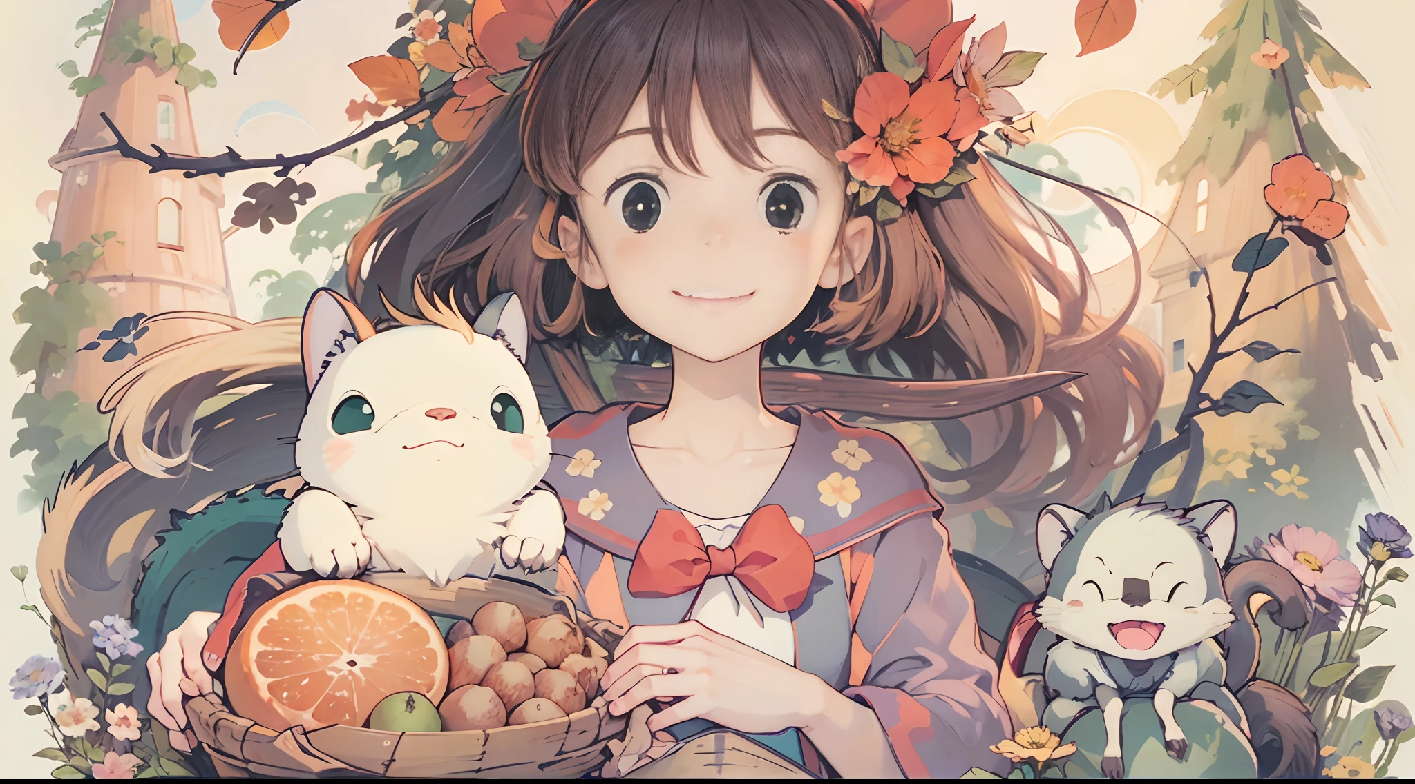 (Studio Ghibli style 1.3)(Ghiblido color tone 1.3)A -yeld giBy the lake in the forest,Little squirrels are by your side,flower sea,having picnic,There are a lot of fruits,Extreme light and shadow,Aurora chase,Extreme ambient light,The ultimate lake reflection,heal,bright sun,(with blue sky and white clouds)(and its delicate facial features1.3)(and its delicate eyes1.3)(Ultra-wide angle shooting1.2)tmasterpiece,awardwinning,(Miyazaki Hayao Witch House Express Style 1.3)In the clouds,Skysky,(Huge red bow on the head 1.2)(Carry a cute white bear backpack 1 cross-body.2)(A smile from the heart)(A hopeful smile)(Denim skirt)8k