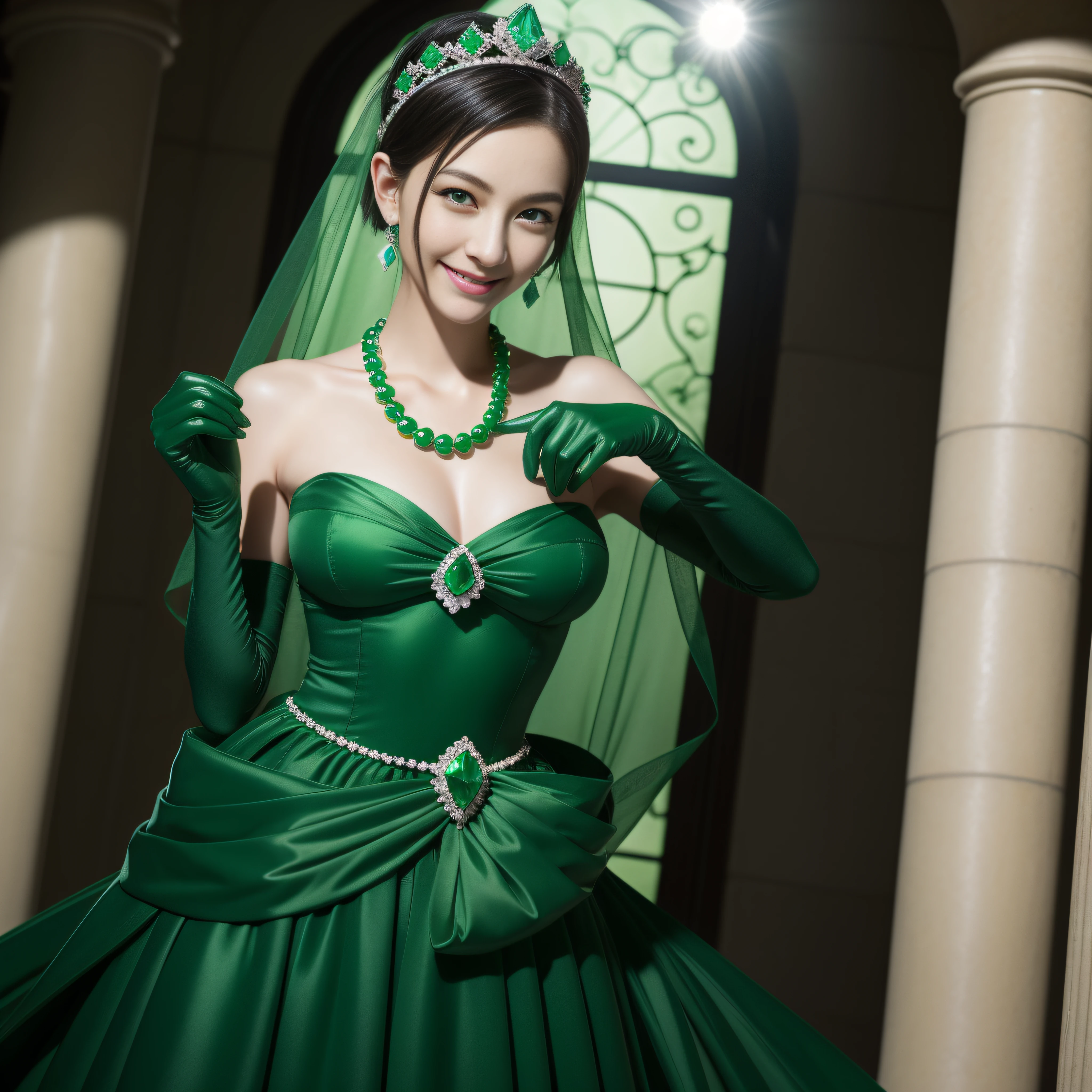 emerald tiara, Green Pearl Necklace, Boyish very short black hair, lipsticks, Japan woman smiling, very short short hair, big breasts beautiful, Green eyes, Long green gloves made of satin material, Green eyes, Emerald Earrings