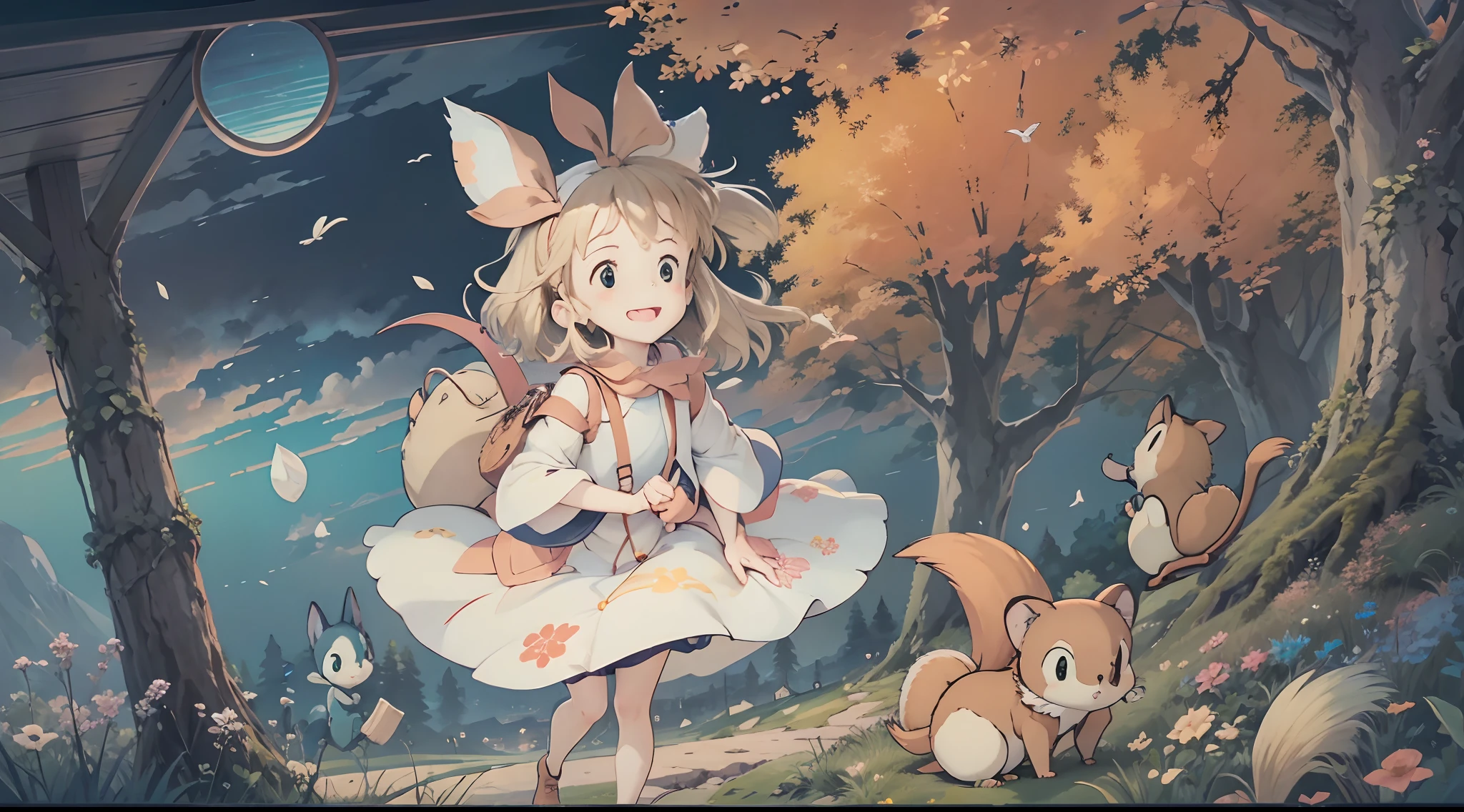 (Studio Ghibli style 1.3)(Ghiblido color tone 1.3)A -yeld giBy the lake in the forest,Little squirrels are by your side,flower sea,having picnic,There are a lot of fruits,Extreme light and shadow,Aurora chase,Extreme ambient light,The ultimate lake reflection,heal,bright sun,(with blue sky and white clouds)(and its delicate facial features1.3)(and its delicate eyes1.3)(Ultra-wide angle shooting1.2)tmasterpiece,awardwinning,(Miyazaki Hayao Witch House Express Style 1.3)In the clouds,Skysky,(Huge red bow on the head 1.2)(Carry a cute white bear backpack 1 cross-body.2)(A smile from the heart)(A hopeful smile)(Denim skirt)8k
