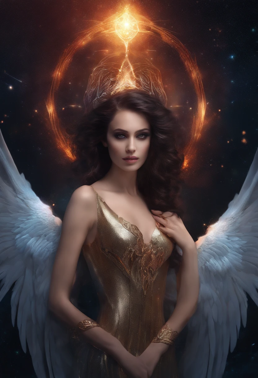 CG art,Young woman,The colors are strange,Bust,magia,Cosmic Fallen Angel, glowing light eyes, Biomechanical, eerie, Creepy, nightmarish, Very bright colors, Light particles, with light glowing, Mshiv, wallpaper art, UHD wallpaper