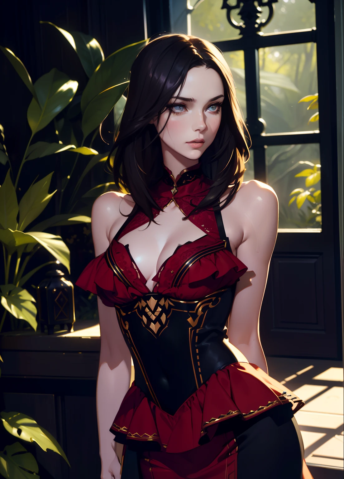 lndswgnr, (Sharp Focus: 1.5), (Sharp Focus:1.2), Photo, attractive young woman, (Beautiful face:1.1), Detailed eyes, luscious lips, (Bold red lip color:0.85), (medium breasts:1.0), (Slim body:1.2), Wearing (1980s Peplum Dresses:1.2) で (Botanical Garden:1.2). (Moody lighting:1.2), depth of fields, Bokeh, 4K, nffsw. in door (by James C. Christensen:1.2|Jeremy Lipking:1.1).