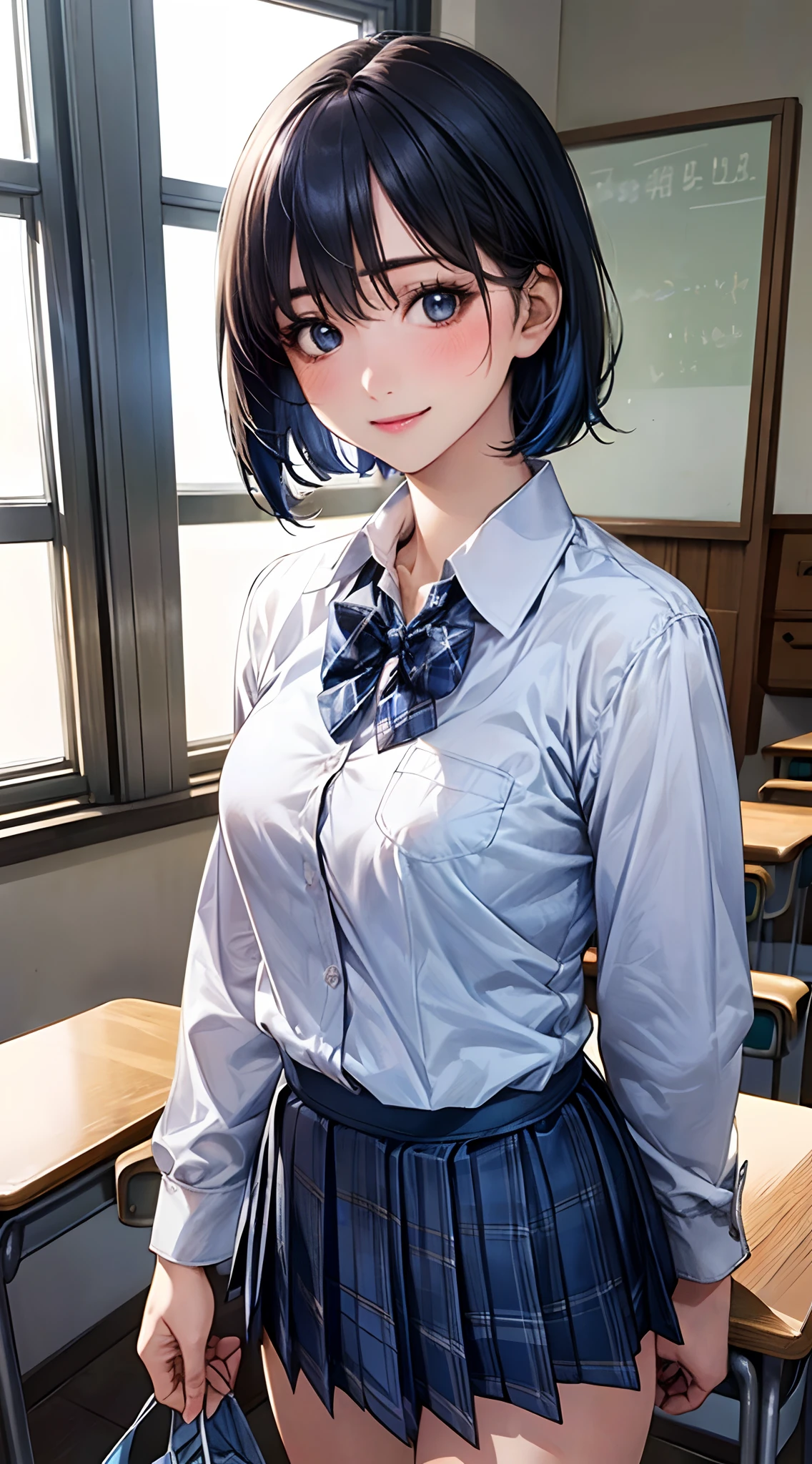 (Masterpiece:1.2, top-quality), (Realistic, Photorealistic:1.4), Beautiful illustration, 
view the viewer, Cowboy shot, Front view:0.8, 
1 girl, Japanese, High school girl, Blue hair, (Short hair:1.4), Bob cut, bangs, hair between eye, Blue eyes, Large breasts:1.0, 
Beautiful hair, Beautiful face, Beautiful detailed eyes, Beautifulcollarbone, Beautiful body, beautiful boobs, beautiful thigh, Beautiful legs, Beautiful fingers, 
(Beautiful scenery), dawn, Classroom, desks, a chair, Curtains, 
((Collared shirt, White shirt, school uniform, Blow cardigan lightly, Blue plaid pleated skirt, Blue plaid bow tie)), White panties, backpacks, cross earrings, 
standing, Walking, 
Smile, Open mouth, hands on waist,