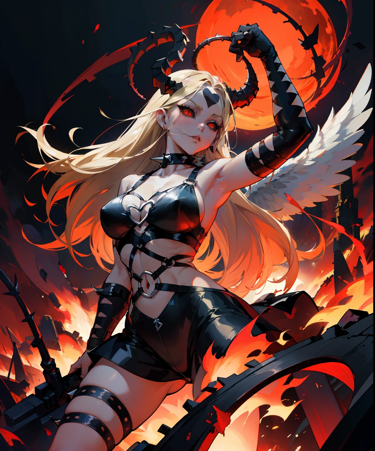 Ultra-detailed Angel wicky stands atop a pile of burning ruins,  diabolical and insidious presence radiating from her dark crown and black and red evil queen dress;   demon wings on her back and demon horn ; invincible aura ; destruction with a single gesture