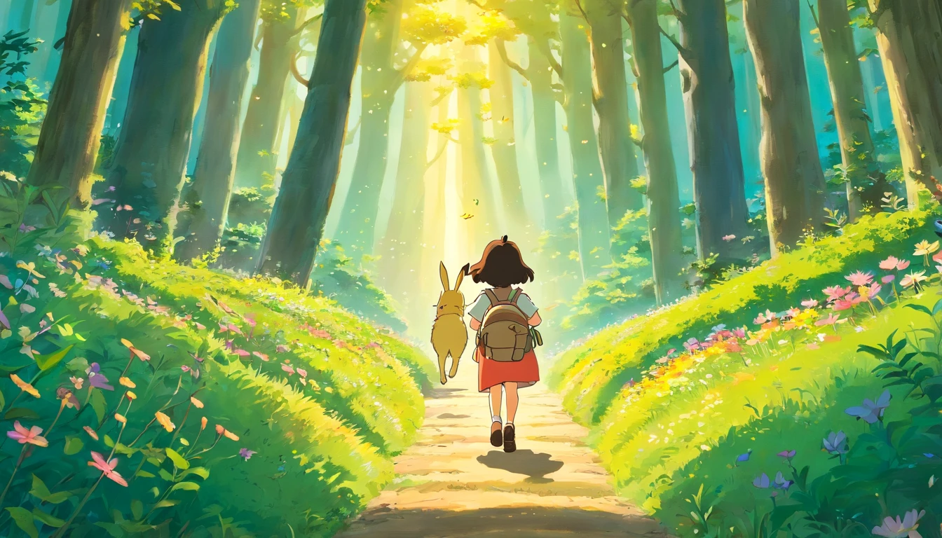 (((studio ghibli))) A lush, colorful forest bathed in the golden light of the setting sun. Birds are singing, and fireflies dance in the air. The camera pans down to reveal a , curious childd Lily, with a backpack and a wide-eyed expression.,Lily is seen picking up colorful flowers and putting them in her backpack. She encounters a talking rabbit named Ruffles, who is wearing a tiny monocle. Lily and Ruffles venture deeper into the forest, encountering a mischievous but friendly sprite named Sparkle, who guides them through a hidden path.