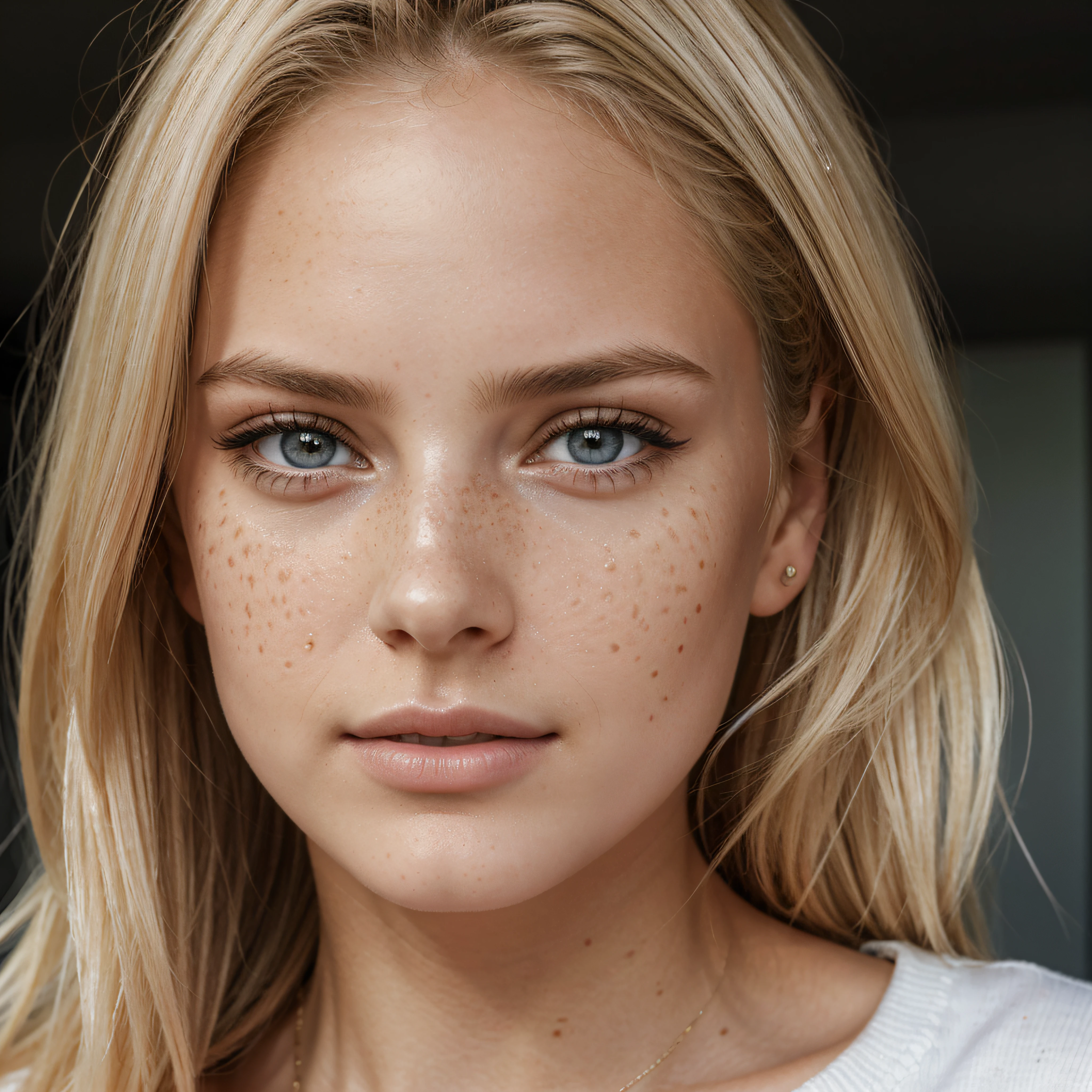 ultra face close up, face up,1Girl 18 years old, nur, Lange Haare, Blick auf den Betrachter, blonde hair, BLONDE, Blond girl, blaue Augen, Schmuck, Halskette, schulterfrei, pullover, lips, realistisch, Nase, Flirten mit der Kamera, close up shot, realism, detailed eyes, skin imperfection, small forhead, fine small freckles, natural, without reflection and shadow on the face, without glare, ultra high face texture, colours, realism, 8K, natural, big lips, full lips, hyper detailed photo, photorealistic, PHOTO, RAW, modeling, girl model, epic advertisment, cinematic shot, cinematic, pretty face, hot, sexy, NO WRINKLES, (BLONDE 1.0), White hair, blond hair.