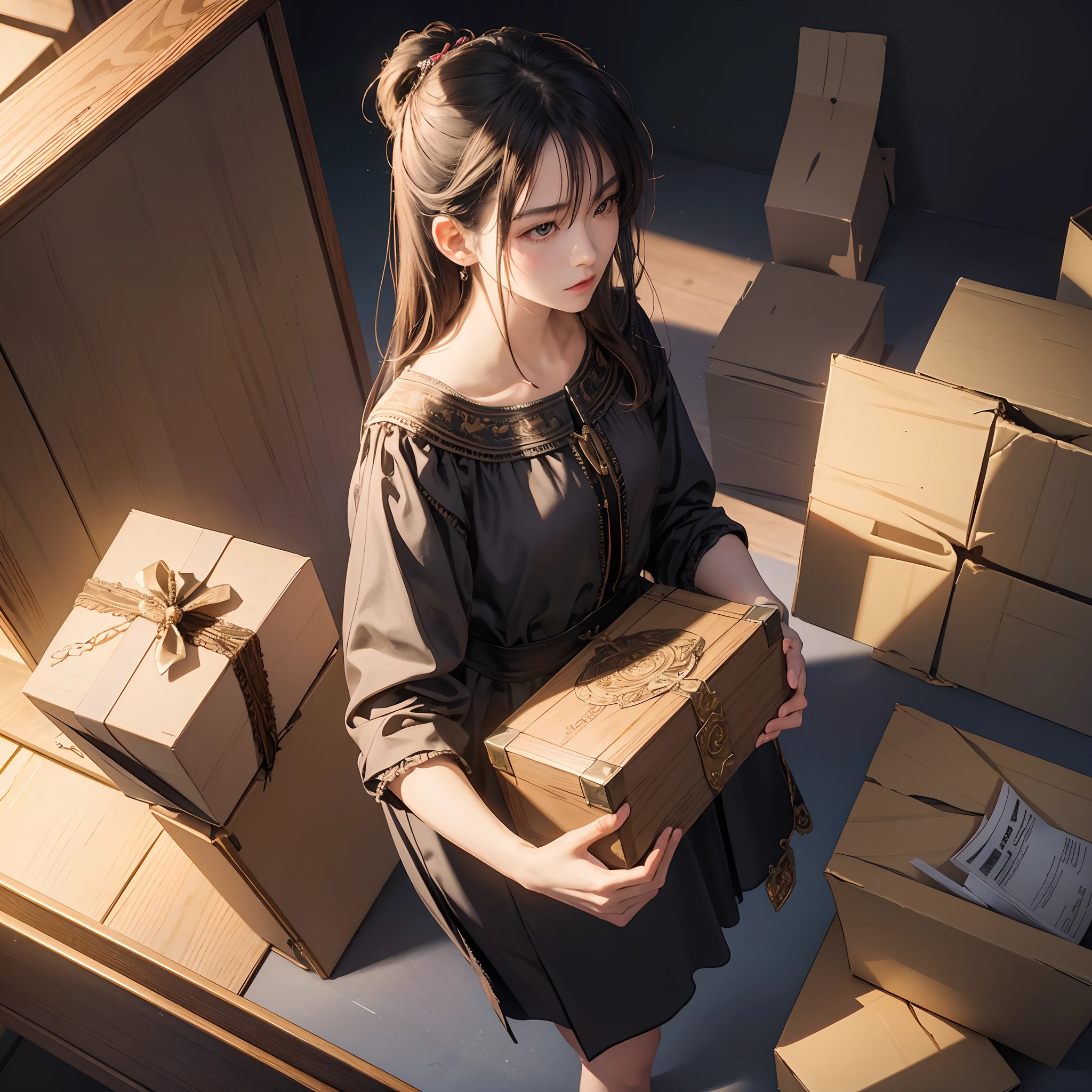 Photo, Piece of art, masutepiece, Super Detail, High quality, awardwinning, 8K, Photorealistic, boxes, Medium size, dark turbid color, Long shadows due to lighting, Mysterious, Pandora's Box, Fantastic background