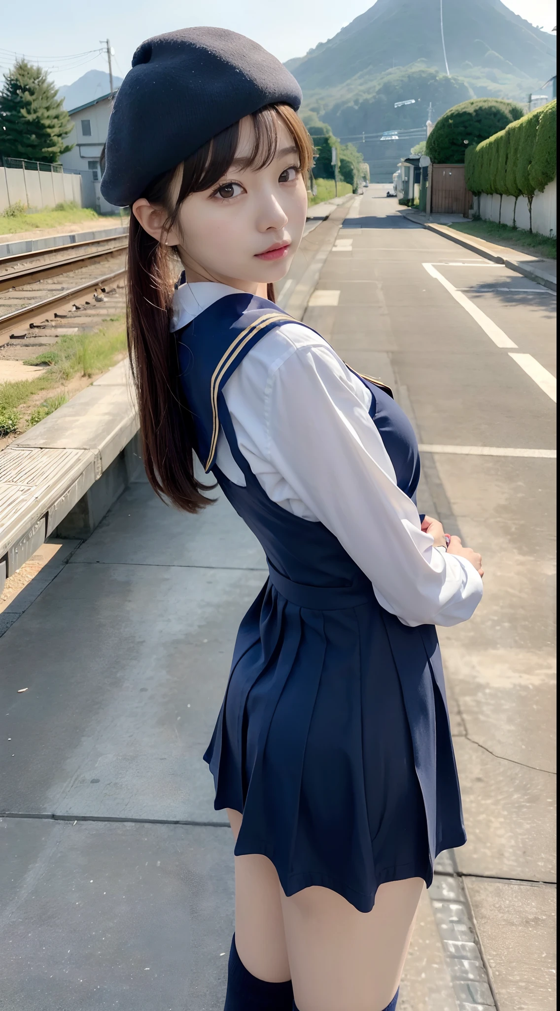 mix4, (16 K, Raw photography, Top image quality, masterpiece: 1.45), (realisitic, Photorealsitic: 1.37), one girls, 7.5, etc、Random hairstyle、Standing figure,Morning time slot、a very cute,countryside view,, profetional lighting, photon maping、physically-based renderingt, Gradient dark brown hair,Crisp backgrounds and high definition, a handsome, Well-groomed and beautiful eyes、Large double eyelids、Very shiny、girl with, (((student clothes、Winter clothes、Sailor suit worn by Japan schoolgirl、Navy blue sailor color、scarf、a miniskirt, Small beret、high socks、lowfers))), Top Quality Photos, hight resolution, 1080p, (clearface), (Detailed face description), (Detailed hand description), (masterpiece), (Exquisite CG)、extreme light and shadows、dishevled hair、master work、abundant detail、(Fine facial features)、(top quality photo)、(masuter piece)、(A detailed eye)、Look in front of you、Fine clavicle、((Slender big))、(((Japan schoolgirl in sailor suit)))、((Idle system))、((country、train track、railroad crossing、Mountains in the distance々))、(((neat and cute)))、耳Nipple Ring、A big smile、Drawing the whole body from the knees、Do not draw nasolabial folds、(((Cute sailor suit)))、(Big breasts that hang down big:1.2)、Big buttocks with tension、Two arms and two legs、(((from the front side:0.3)))、bare hand、No mask、