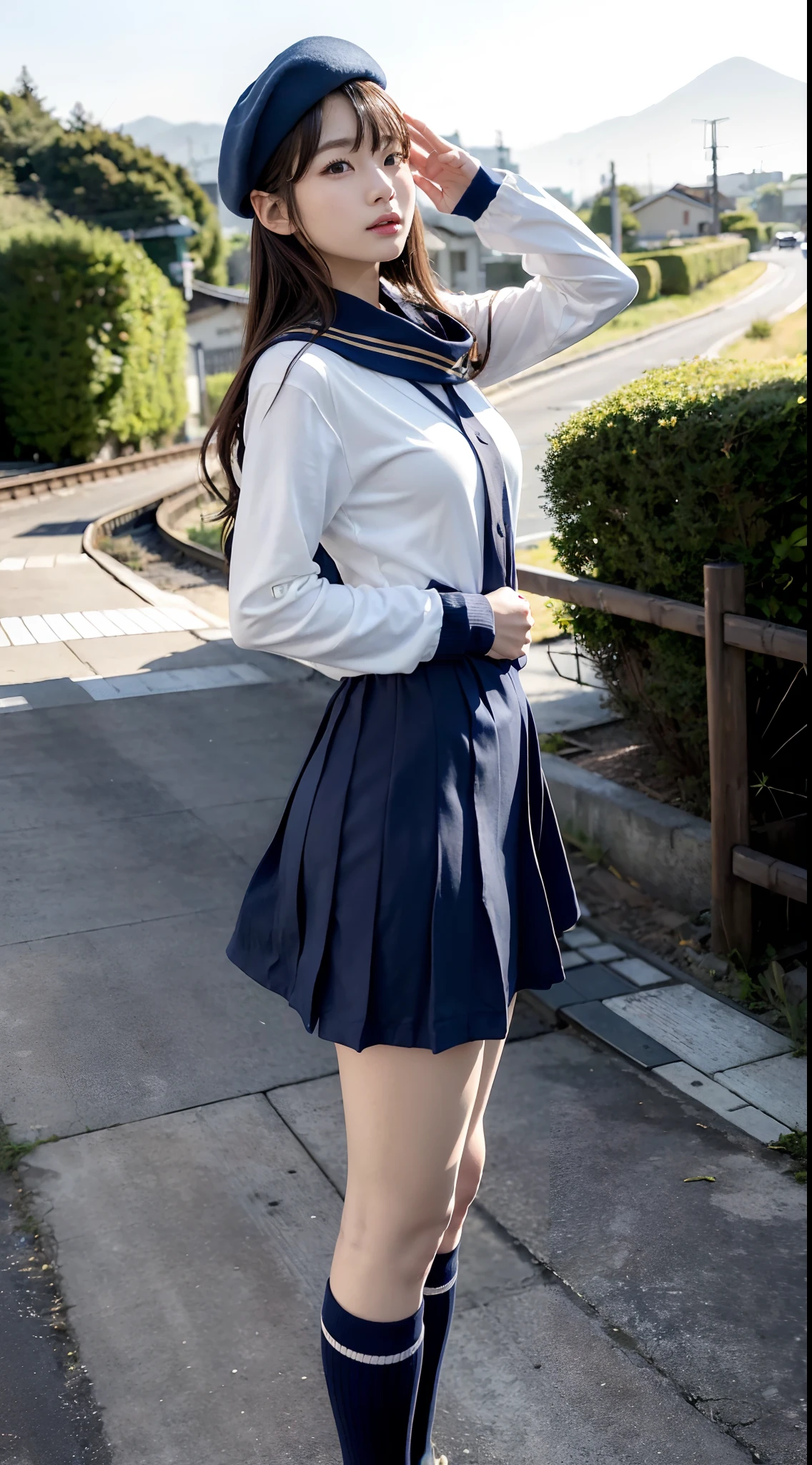 mix4, (16 K, Raw photography, Top image quality, masterpiece: 1.45), (realisitic, Photorealsitic: 1.37), one girls, 7.5, etc、Random hairstyle、Standing figure,Morning time slot、a very cute,countryside view,, profetional lighting, photon maping、physically-based renderingt, Gradient dark brown hair,Crisp backgrounds and high definition, a handsome, Well-groomed and beautiful eyes、Large double eyelids、Very shiny、girl with, (((student clothes、Winter clothes、Sailor suit worn by Japan girl、Navy blue sailor color、scarf、a miniskirt, Small beret、high socks、lowfers))), Top Quality Photos, hight resolution, 1080p, (clearface), (Detailed face description), (Detailed hand description), (masterpiece), (Exquisite CG)、extreme light and shadows、dishevled hair、master work、abundant detail、(Fine facial features)、(top quality photo)、(masuter piece)、(A detailed eye)、Look in front of you、Fine clavicle、((Slender big))、(((Japan schoolgirl in sailor suit)))、((Idle system))、((country、train track、railroad crossing、Mountains in the distance々))、(((neat and cute)))、耳Nipple Ring、A big smile、Drawing the whole body from the knees、Do not draw nasolabial folds、(((Cute sailor suit)))、(Big breasts that hang down big:1.2)、Big buttocks with tension、Two arms and two legs、(((from the front side:0.3)))、bare hand、No mask、