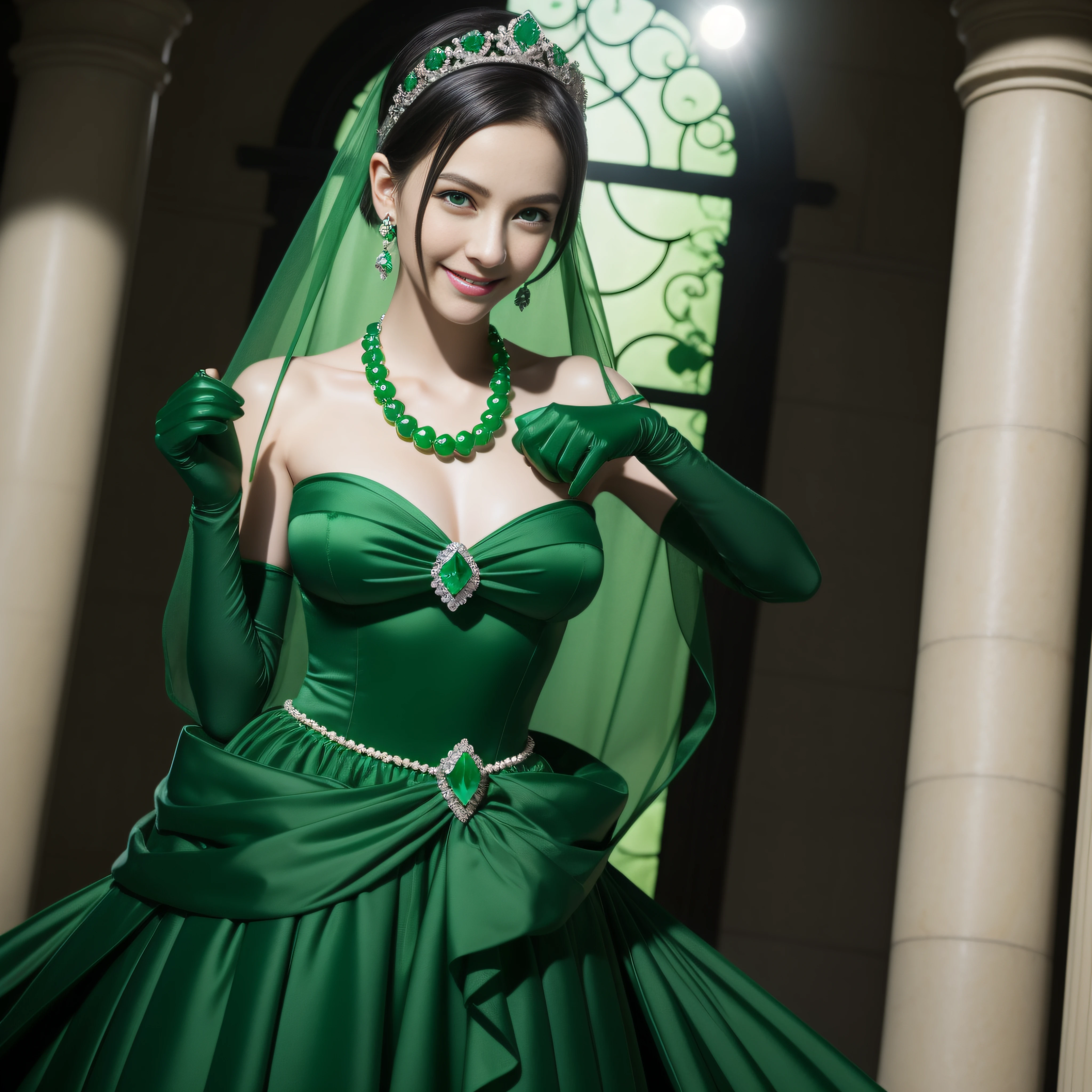 emerald tiara, Green Pearl Necklace, Boyish very short black hair, lipsticks, Japan woman smiling, very short short hair, big breasts beautiful, Green eyes, Long green gloves made of satin material, Green eyes, Emerald Earrings