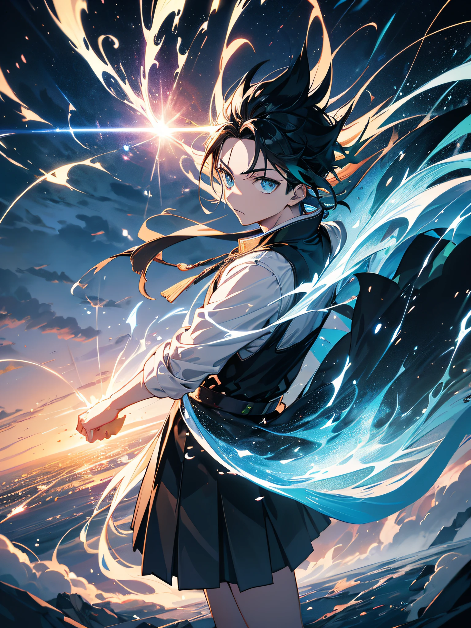 Zenitsu from Kimetsu no Yayba using his thunder ability, with lightning coming out of his eyes, smoke coming out of the corner of his mouth, speed of light, lightning, storm (ultra-realistic), {extremely detailed CG unit 8k wallpaper}, Photography of expansive landscape, (a view from below that shows the entire expanse of the sky, expansive open field view), (low-angle shot), (light: 1.5), (warm light source: 1.2), complex details, (Colors iridescent: 1.2), (bright lighting), (atmospheric lighting), dreamy, magical, badass, (solo: 1.6)