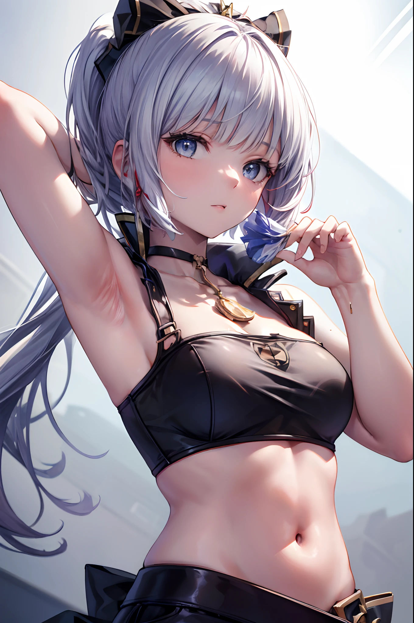 (((Masterpiece))), (portrait), Ayaka, diffused light, dynamic shadows, sharp focus, realistic, detailed, highres, absurdres, anatomically correct, seductive face, white background, underboobs, armpits, looking to the side, black choker, belly button, medium breast