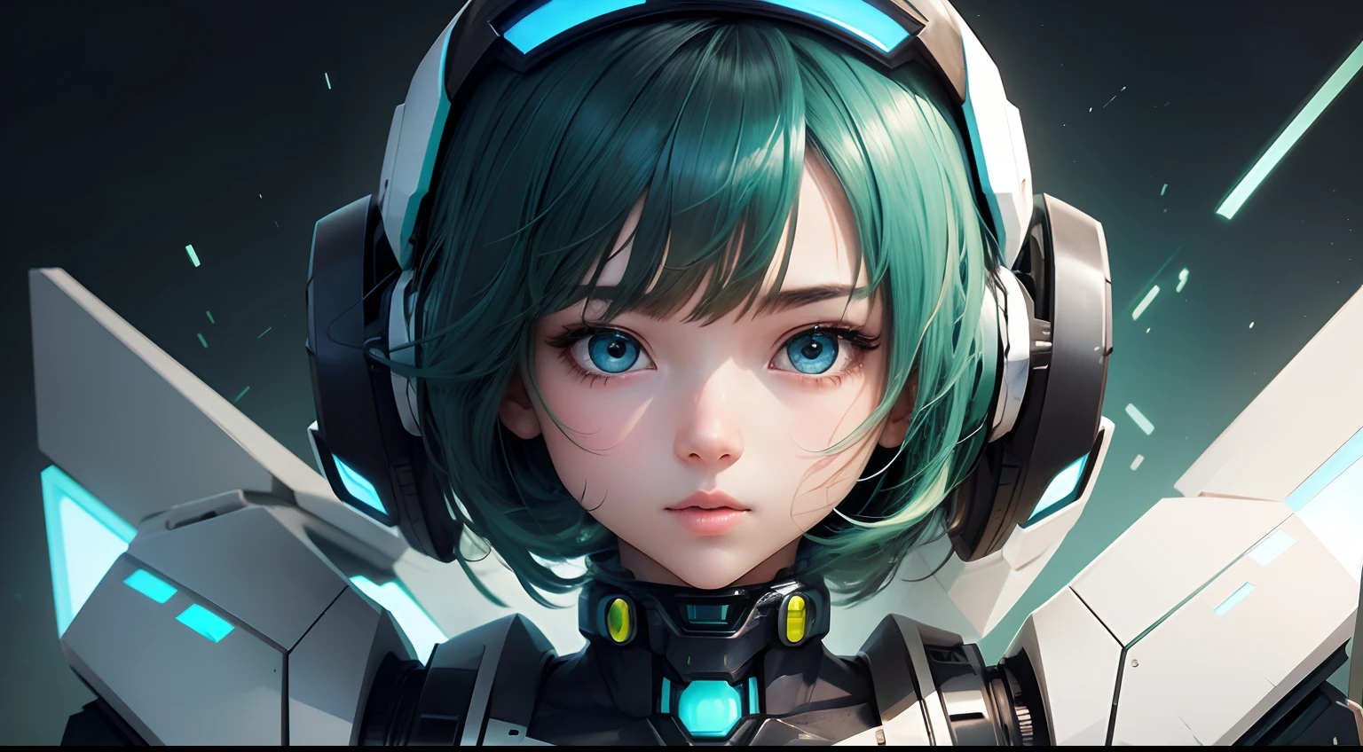 a floating head of a mecha girl, blue and green colors, black background, white highlights