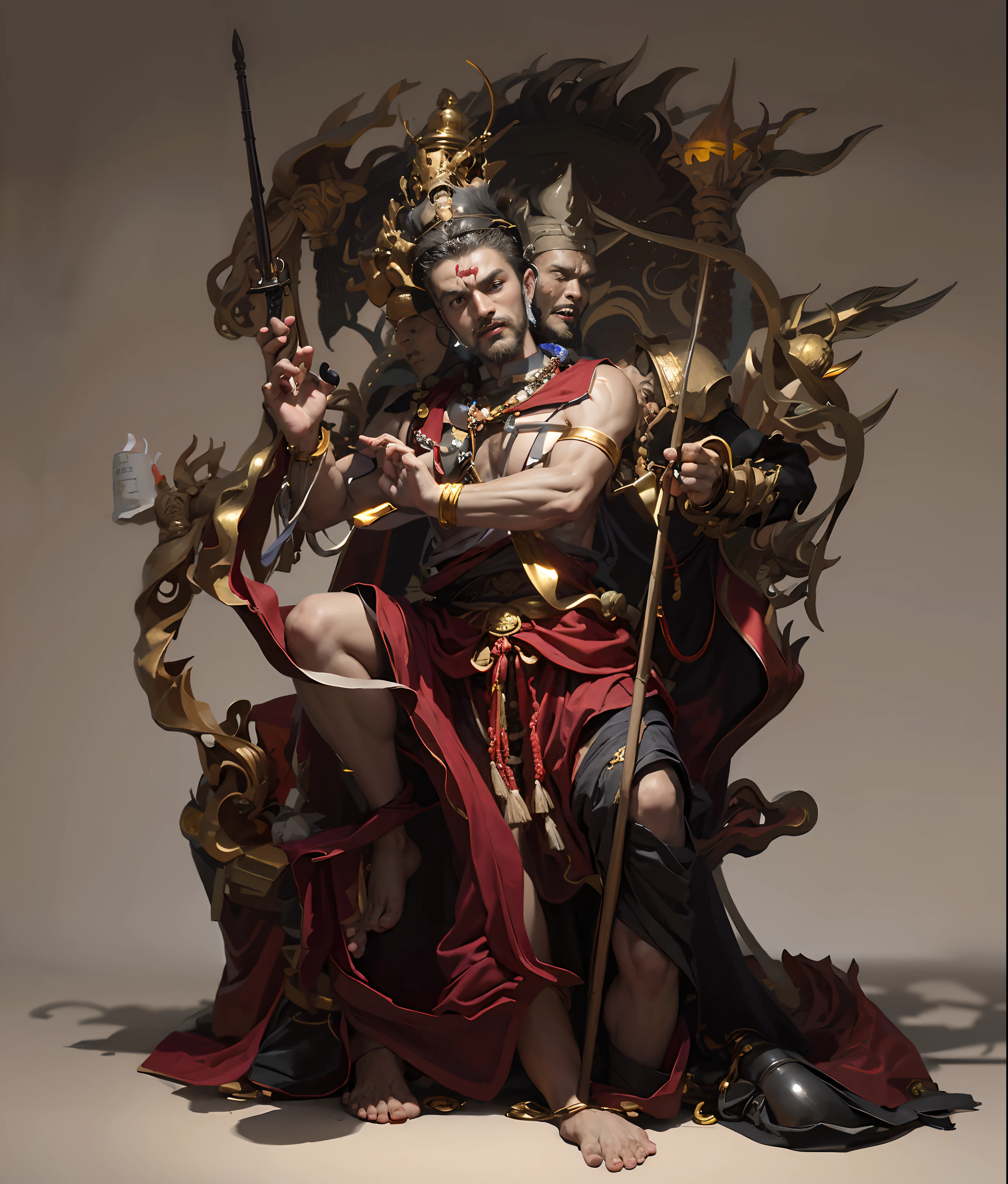 ascetic monk, India,Red skin,mythical character,Four arms,Hold the triangle metal,cane in hand,(((Buddha beads in hand))),(((Bottle in hand))),The dervishes were surrounded by red flames,Shirtless,Bare legs,Barefoot Feet,(((com um rosto quadrado))),emaciated,sbeard,com um rosto quadrado,Wide face,One meter nine,small heads,long leges,Tall guy,com um rosto quadrado,(((Strong facial muscles))),(((Chen Daoming))),(((little beard))),(((Hold the mirror with one hand:1.1))),(Vajra pestle),(Lotus leaf),Basketball player body proportions,chineseidol,looking toward the viewer,Black pupils,The body is well-proportioned,Long legs,Straight back,Fitness trainer,Movie stars are glamorous,(((Heads-up))),Handsome,Indian,muscular face,Muscular body,Perfect proportions,The muscles have expressions in both eyes,King Yan Luo stared ahead,(((Coarse cloth clothes))),(((Ancient Roman clothing))),coarse cloth,There are muscles,,(((Shirtless))),(((Head background with round light))),(((Behind it is the sun))),(((The man emits a bright and dazzling light))),King Yan took away the metal weapon,Take the Skeleton Staff as an example,Barefoot on both feet,Step on the lotus leaf,photorealestic,professional photoshooting,Realiy,超高分辨率,tmasterpiece,