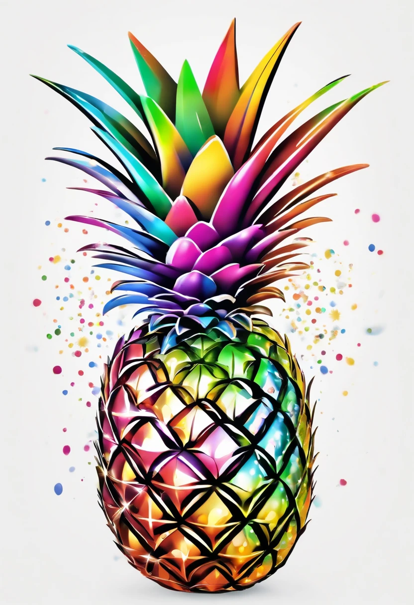 single rainbow pineapple in white background with glitter,splashed ink,cartoon,vector,logo
