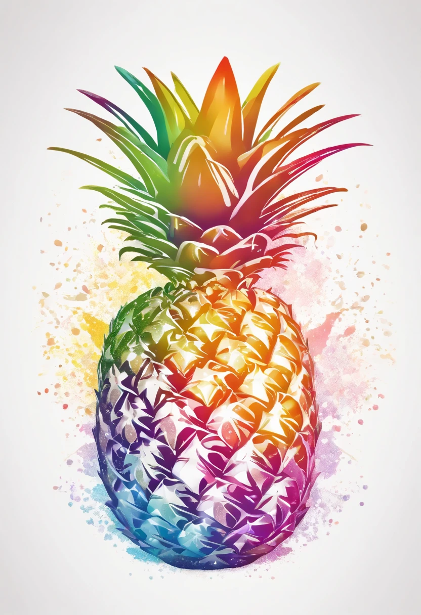 single rainbow pineapple in white background with glitter,splashed ink,cartoon,vector,logo