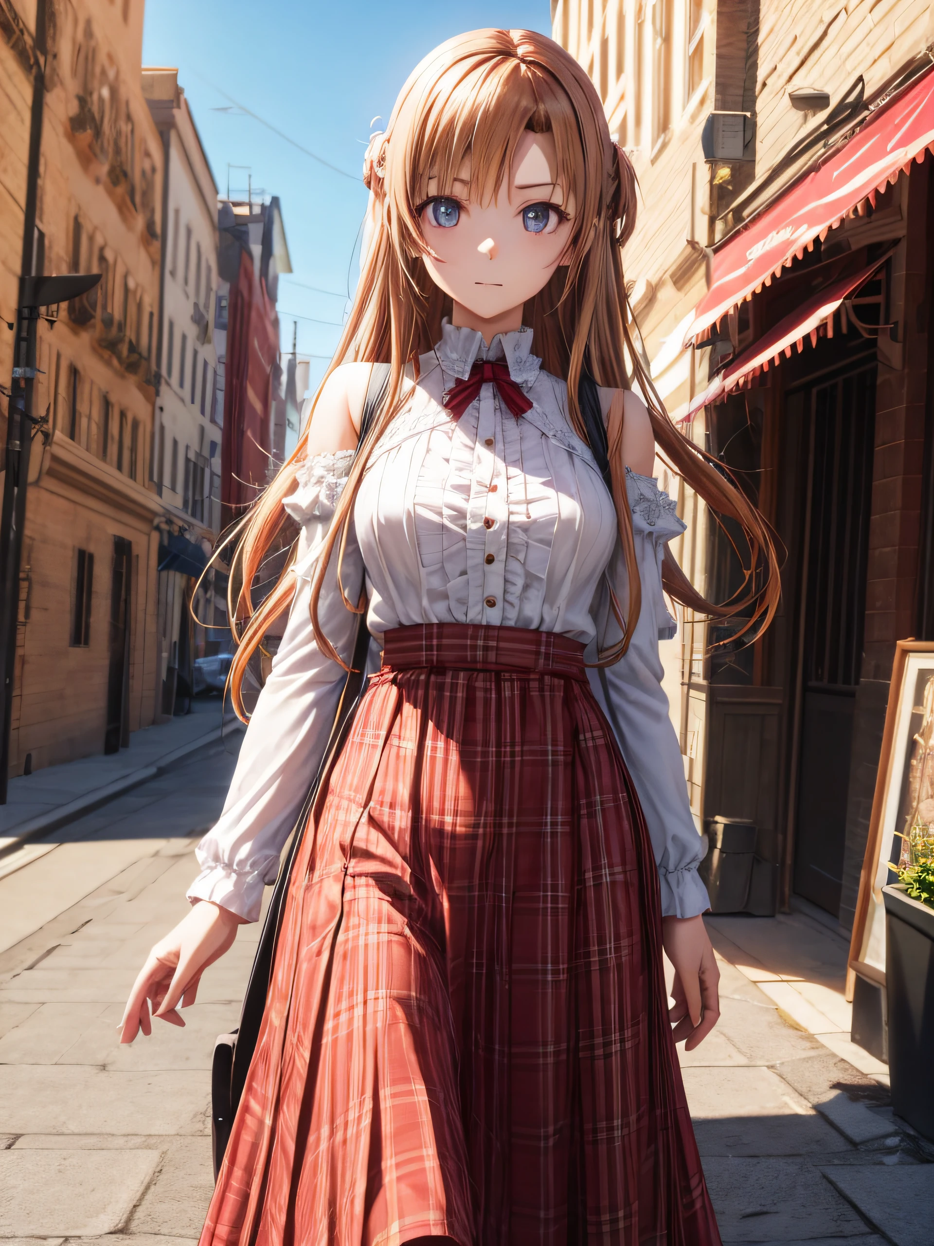 best qualtiy，realisitic、hight resolution、Three-dimensional、8K Image Photos、best pictures,​masterpiece、Long skirt、Undisputed cute girl、Dress correctly, Beautiful Finger、 charming figure,super precision、[[3D images]]、[[High quality anime girl with brown hair and brown eyes]]、[3D images:1.25],[[Attractive eyes,A detailed eye、Colorful eyes、radiant eyes:1.25]]、long pony tail ,[[White and red uniform]], 8k picture, cowboy  shot、long  skirt
