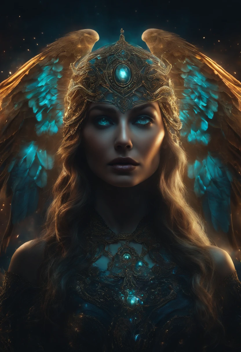 the ghost of the inner soul traslucido como um pano fino 8k tv cinematico Cosmic Fallen Angel, glowing light eyes, Biomechanical, eerie, Creepy, nightmarish, Very bright colors, Light particles, with light glowing, Mshiff, wallpaper art, UHD wallpaper