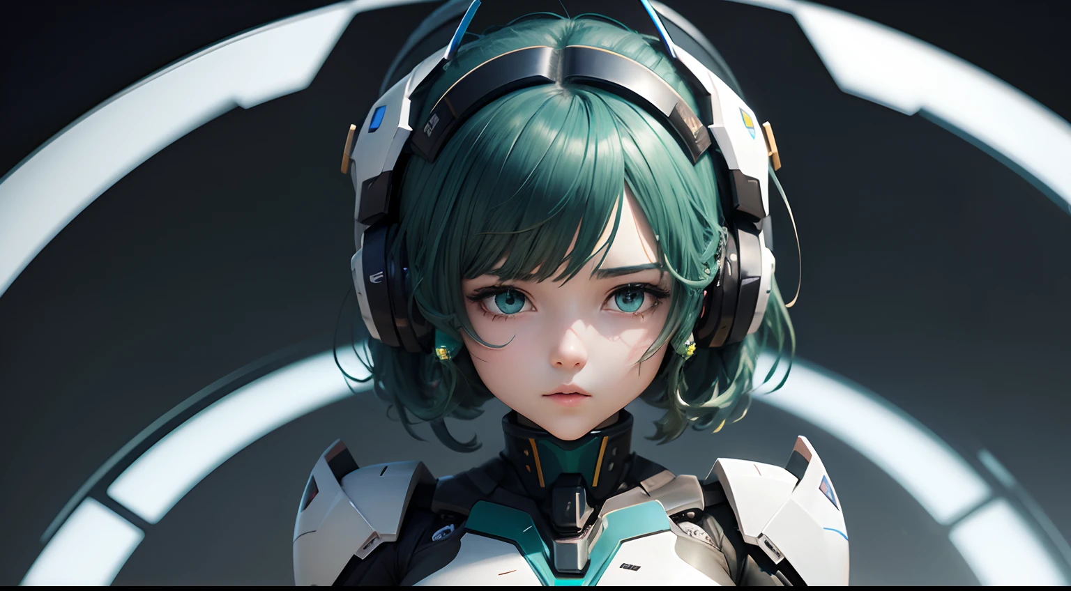 a statue of a mecha girl's head, blue and green colors, black background, white highlights