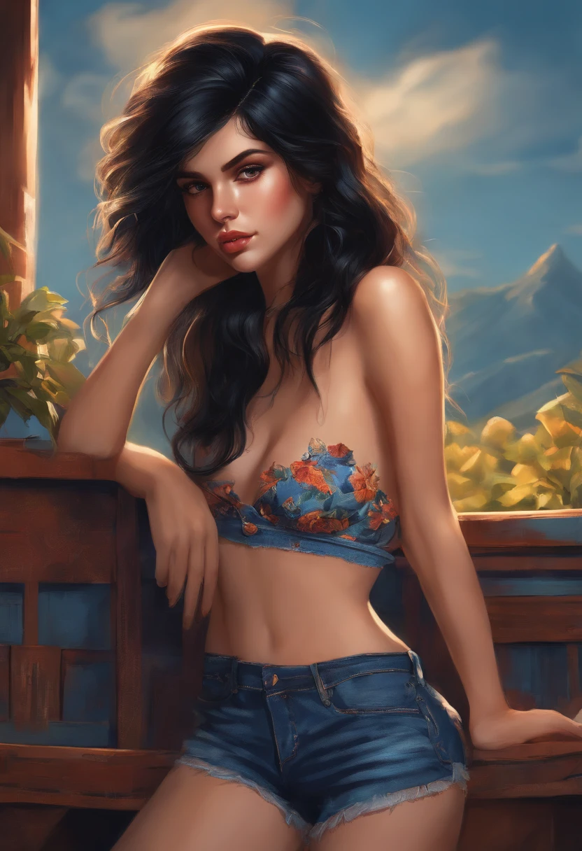 1girl, black hair, denim shorts, topless