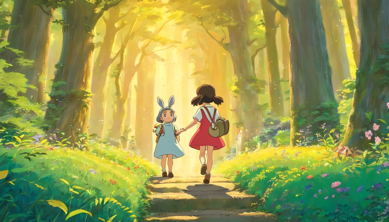 (((studio ghibli))) A lush, colorful forest bathed in the golden light of the setting sun. Birds are singing, and fireflies dance in the air. The camera pans down to reveal a , curious childd Lily, with a backpack and a wide-eyed expression.,Lily is seen picking up colorful flowers and putting them in her backpack. She encounters a talking rabbit named Ruffles, who is wearing a tiny monocle. Lily and Ruffles venture deeper into the forest, encountering a mischievous but friendly sprite named Sparkle, who guides them through a hidden path.,They stumble upon a clearing where a massive, ancient tree named Wise Oak stands, with a kindly face etched into its bark