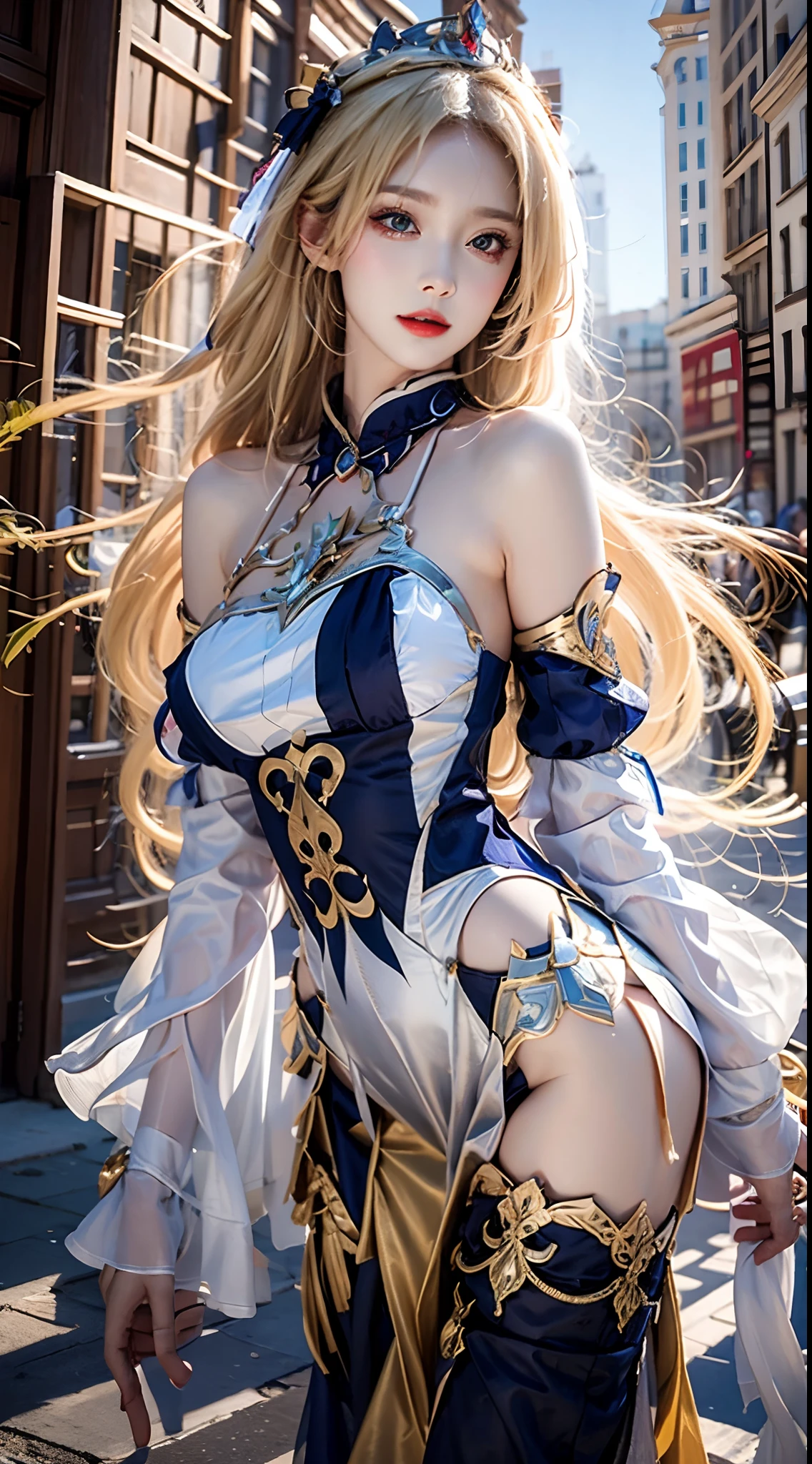 photorealistic, high resolution, soft lights, 1women, solo, hips up, blonde long hair, tiara,bare shoulders, detached sleeves, (fischl's short dress), streets, sunshine, upper body