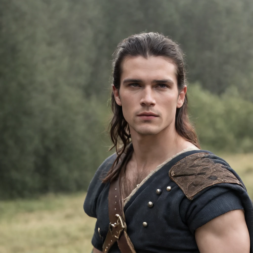 A young Scottish warrior, topless, .RAW, em KILT, long flowing black hair, fundo da tempestade, brutal, Handsome, cinematic photography, muito bonito, Handsome, kilt tartan azul, corpo inteiro, arrogante, arrogante, orgulhoso, .RAW, topless
