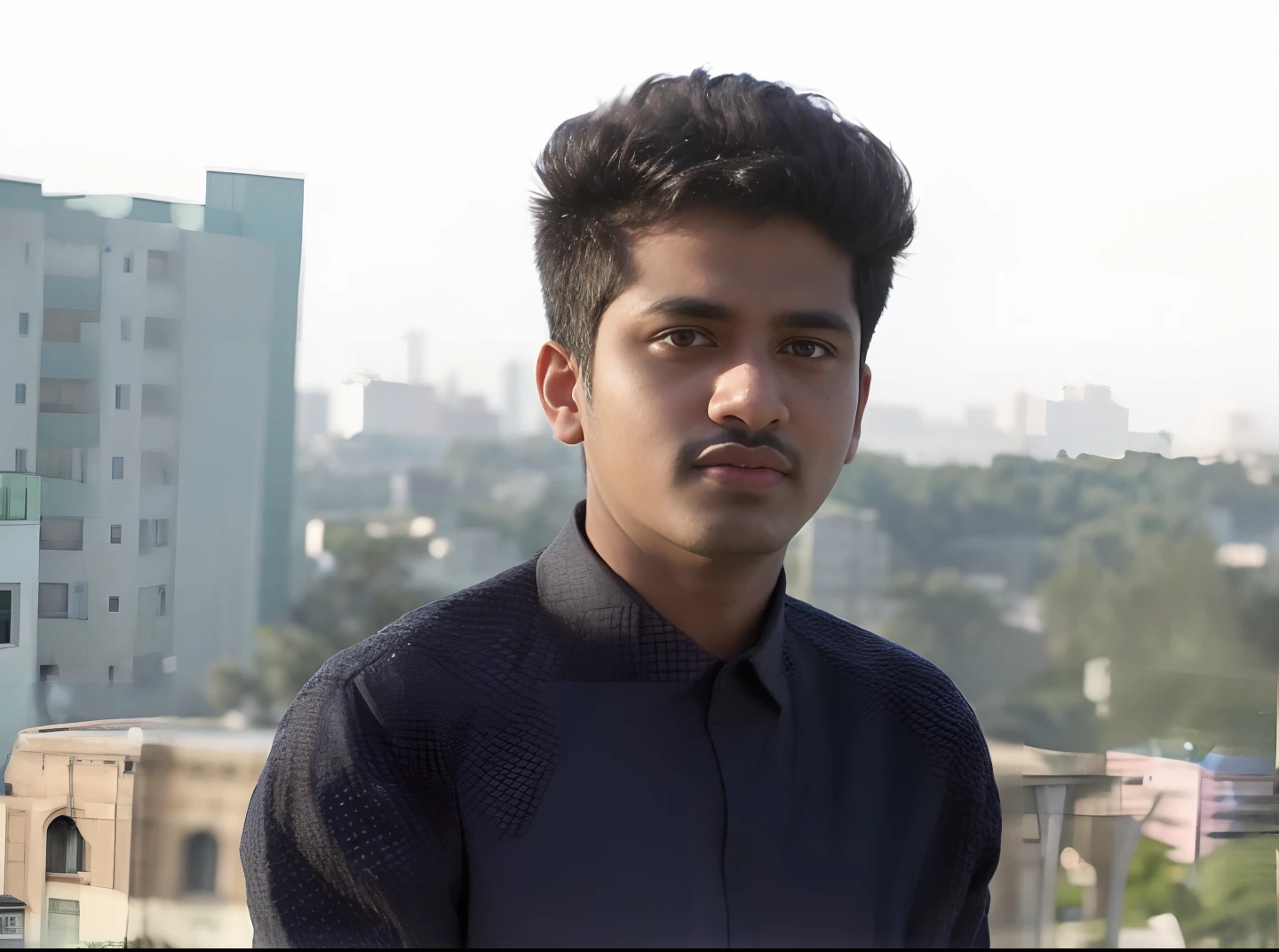 there is a man standing in front of a city skyline, jayison devadas, inspired by Bikash Bhattacharjee, portait photo profile picture, jayison devadas style, mohamed chahin, riyahd cassiem, facebook profile picture, by Max Dauthendey, with accurate face, ayan nag, candid picture