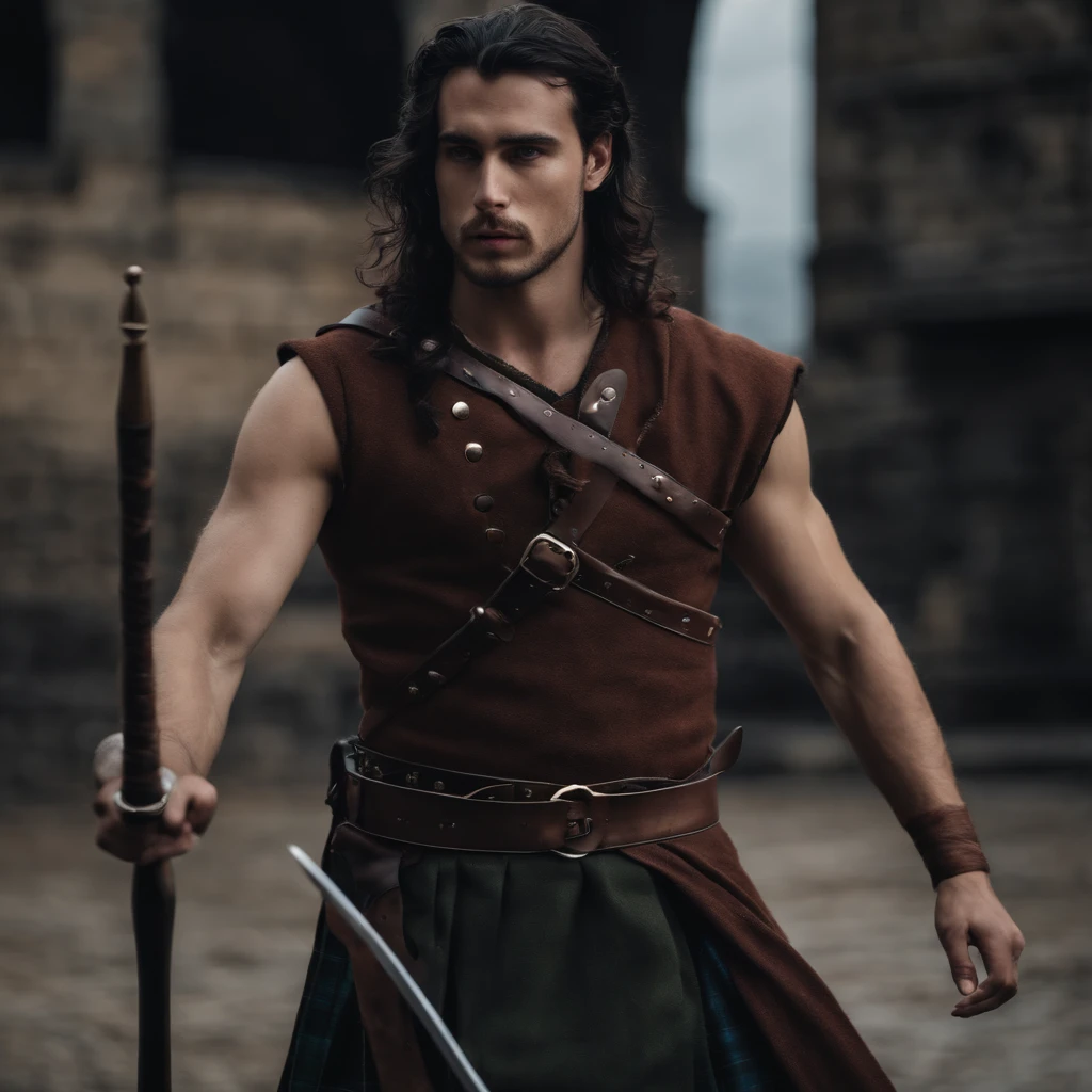 A young Scottish warrior, topless, .RAW, em KILT, long flowing black hair, fundo da tempestade, brutal, Handsome, cinematic photography, muito bonito, Handsome, kilt tartan azul, corpo inteiro, arrogante, arrogante, orgulhoso, .RAW, topless
