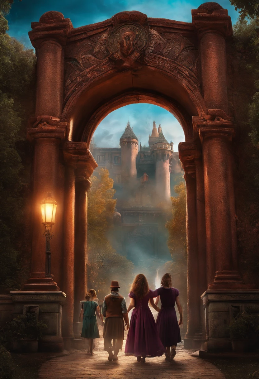 Create a style poster for an attraction you have in the park, The attraction is horror, where a gang of amios are in front of a portal.