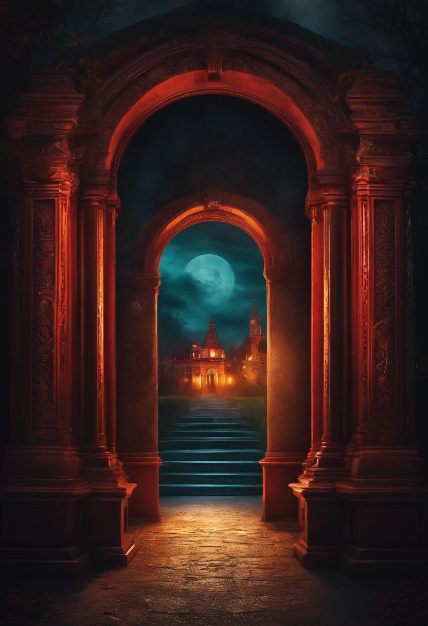 Create a style poster for an attraction you have in the park, The attraction is horror, where a gang of amios are in front of a portal.