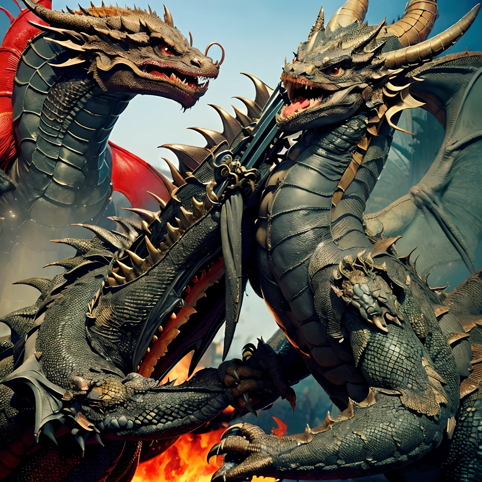 (The Ultimate Beauty Face), Professional , masterpiece、top-quality、photos realistic , depth of fields (Gemstone Black Metal Body:1.4),(Matte Black、(cleavage of the breast)、Dragon Gold Weapon,Mystical expression、Particles of light、((((Fight dragons)))、(Dragon Metal Body:1.4),Gorgeous Silver Weapons ,(( Dragon's dense and gorgeous sword)) , Beautiful knife ,warhammer 40k , adepta sororitas,Detail and gorgeous crown、((Red hair))、(Castle background)、、((Gangle's forest background))、Beautiful Caucasian beauty、1a person、dynamic ungle,(((Detailed and ornate Black Devil Crown)))、Smaller head、A smile、Castle background、Thin and beautiful female hands、cleavage of the breast、Soldier in iron armor on background、Mystical expression、Light Effects、intense fighting、Wind-effect、magic circles、With the legendary magic wand、(demonic wings)、
