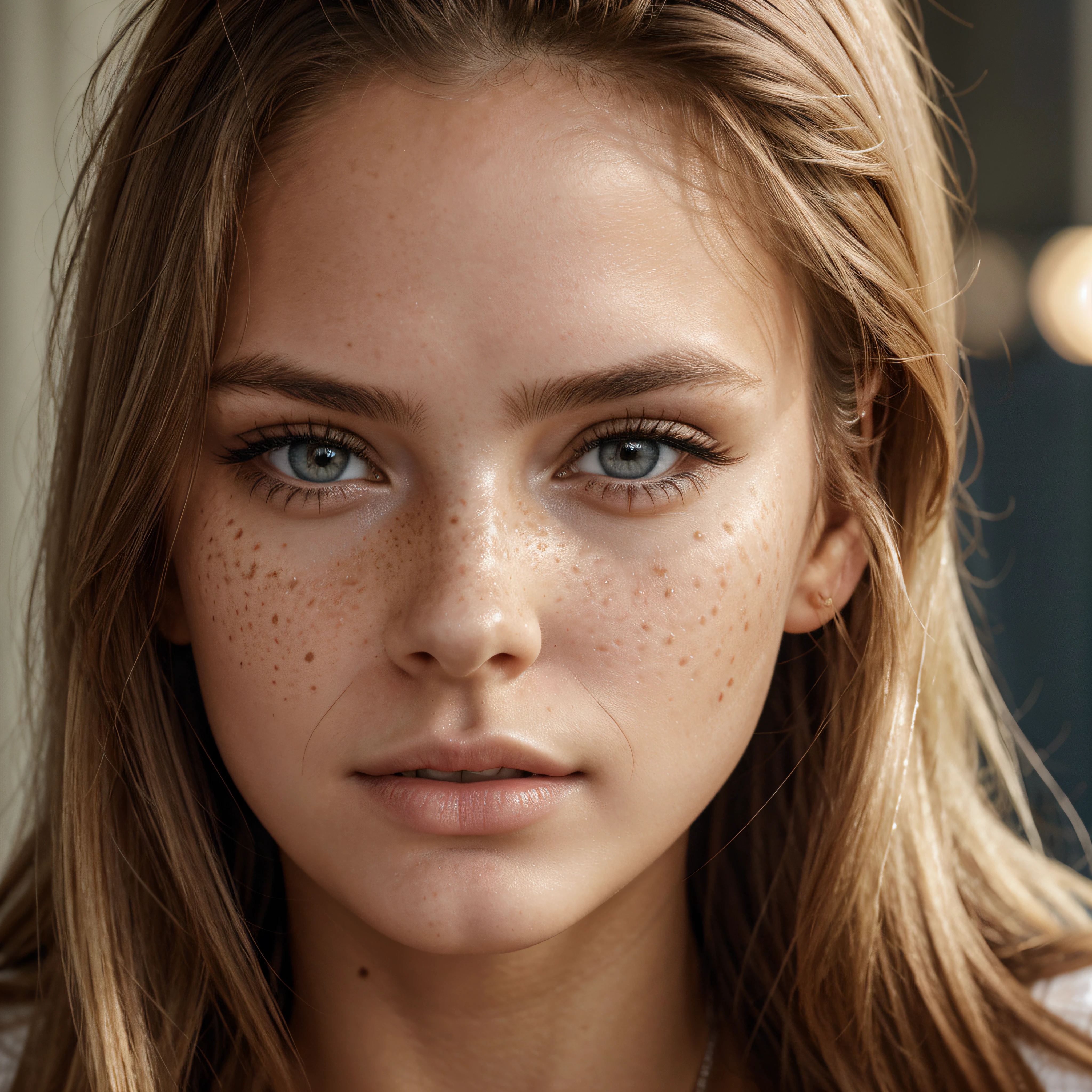 ultra face close up, face up,1Girl 18 years old, nur, Lange Haare, Blick auf den Betrachter, blonde hair, BLONDE, Blond girl, blaue Augen, Schmuck, Halskette, schulterfrei, pullover, lips, realistisch, Nase, Flirten mit der Kamera, close up shot, realism, detailed eyes, skin imperfection, small forhead, fine small freckles, natural, without reflection and shadow on the face, without glare, ultra high face texture, colours, realism, 8K, natural, big lips, full lips, hyper detailed photo, photorealistic, PHOTO, RAW, modeling, girl model, epic advertisment, cinematic shot, cinematic, pretty face, hot, sexy, NO WRINKLES,