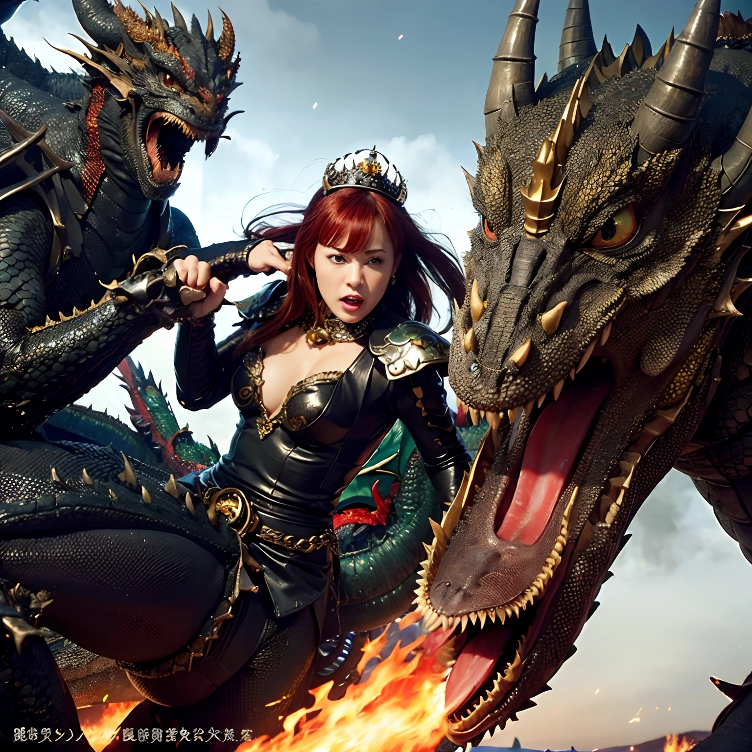 (The Ultimate Beauty Face), Professional , masterpiece、top-quality、photos realistic , depth of fields (Gemstone Black Metal Body:1.4),(Matte Black、(cleavage of the breast)、Dragon Gold Weapon,Mystical expression、Particles of light、((((Fight dragons)))、(Dragon Metal Body:1.4),Gorgeous Silver Weapons ,(( Dragon's dense and gorgeous sword)) , Beautiful knife ,warhammer 40k , adepta sororitas,Detail and gorgeous crown、((Red hair))、(Castle background)、、((Gangle's forest background))、Beautiful Caucasian beauty、1a person、dynamic ungle,(((Detailed and ornate Black Devil Crown)))、Smaller head、A smile、Castle background、Thin and beautiful female hands、cleavage of the breast、Soldier in iron armor on background、Mystical expression、Light Effects、intense fighting、Wind-effect、magic circles、With the legendary magic wand、(demonic wings)、