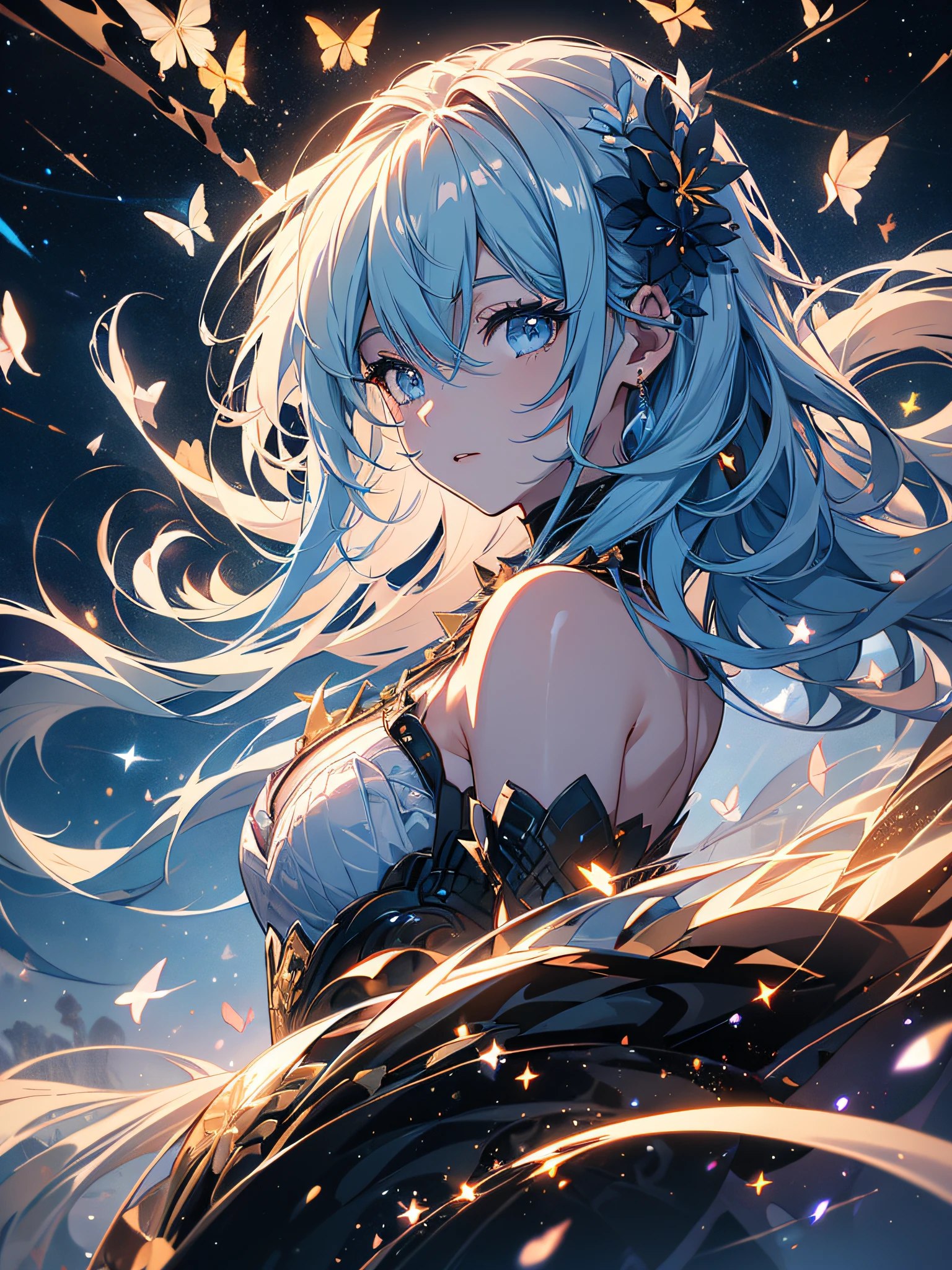 Open sky stars and comets passing by, beautiful clouds, field of black roses, trees with glowing fireflies and butterflies, girl in the center of the field looking at the sky, (ultra-realistic), {extremely detailed CG unity 8k wallpaper}, Photography of expansive landscape, (a view from below that shows the entire expanse of the sky, expansive open field view), (low-angle shot), (light: 1.5), (warm light source: 1.2), complex details, (Colors iridescent: 1.2), (bright lighting), (atmospheric lighting), dreamy, magical, (Solo: 1.2)