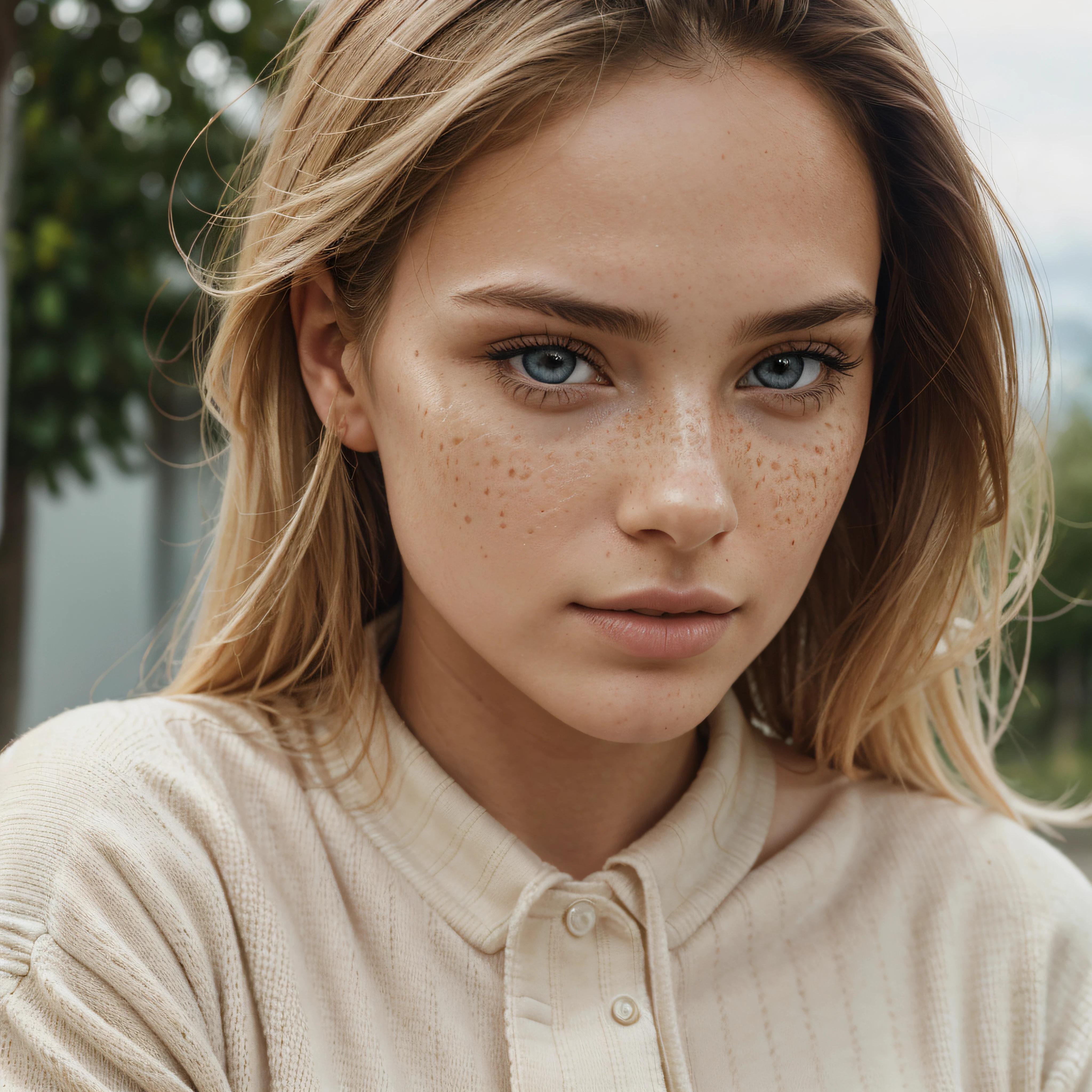 ultra face close up, face up,1Girl 18 years old, nur, Lange Haare, Blick auf den Betrachter, blonde hair, BLONDE, Blond girl, blaue Augen, Schmuck, Halskette, schulterfrei, pullover, lips, realistisch, Nase, Flirten mit der Kamera, close up shot, realism, detailed eyes, skin imperfection, small forhead, fine small freckles, natural, without reflection and shadow on the face, without glare, ultra high face texture, colours, realism, 8K, natural, big lips, full lips, hyper detailed photo, photorealistic, PHOTO, RAW, modeling, girl model, epic advertisment, cinematic shot, cinematic, pretty face, hot, sexy, NO WRINKLES,