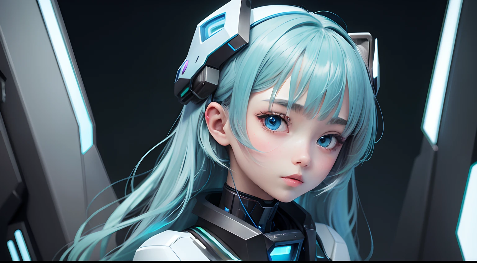 imagine a hologram of a mecha girl's head, blue and green colors, black background, white highlights