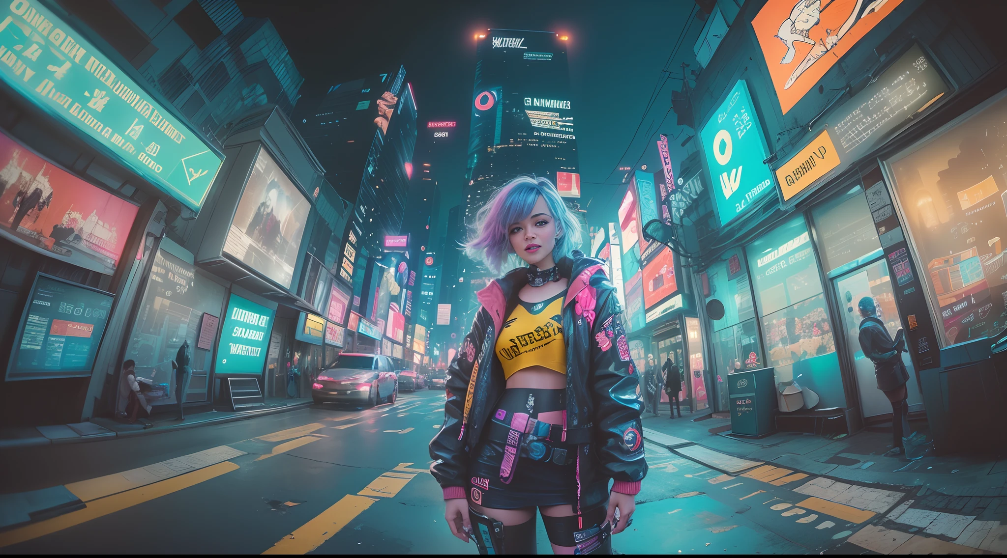 (2 cyberpunk girls wearing colorful Harajuku style pop outfit)), ((((fisheye lens)))), cowboy shot, wind, messy hair, ((cyberpunk 2077 cityscape)), (cyberpunk aesthetics and atmosphere:1.3), bright colors, smiling, ((cinematic lighting))