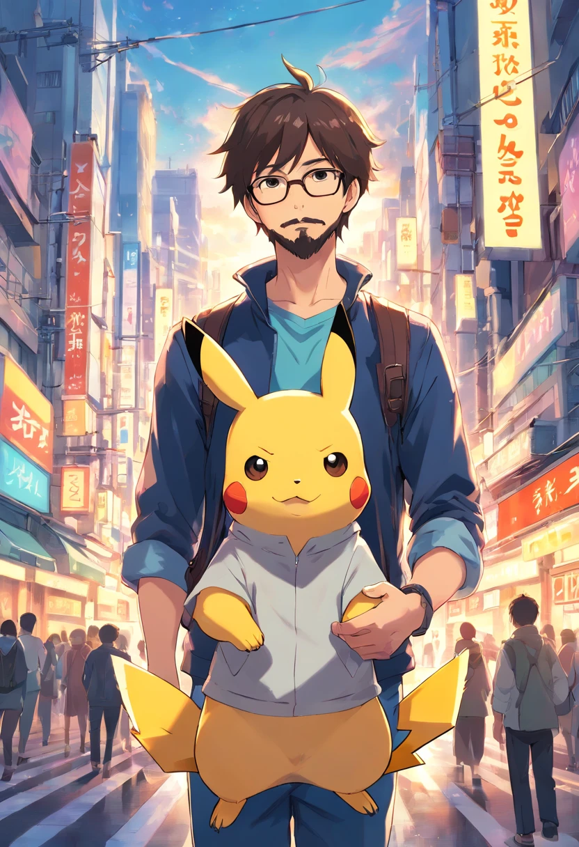 homem moreno, of glasses and beard, with pikachu on his shoulder in the middle of Tokyo