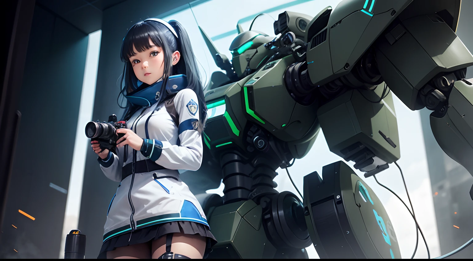 imagine a mecha girl holding a professional recording camera interviewing a mysterious creature, blue and green colors, black background, white highlights