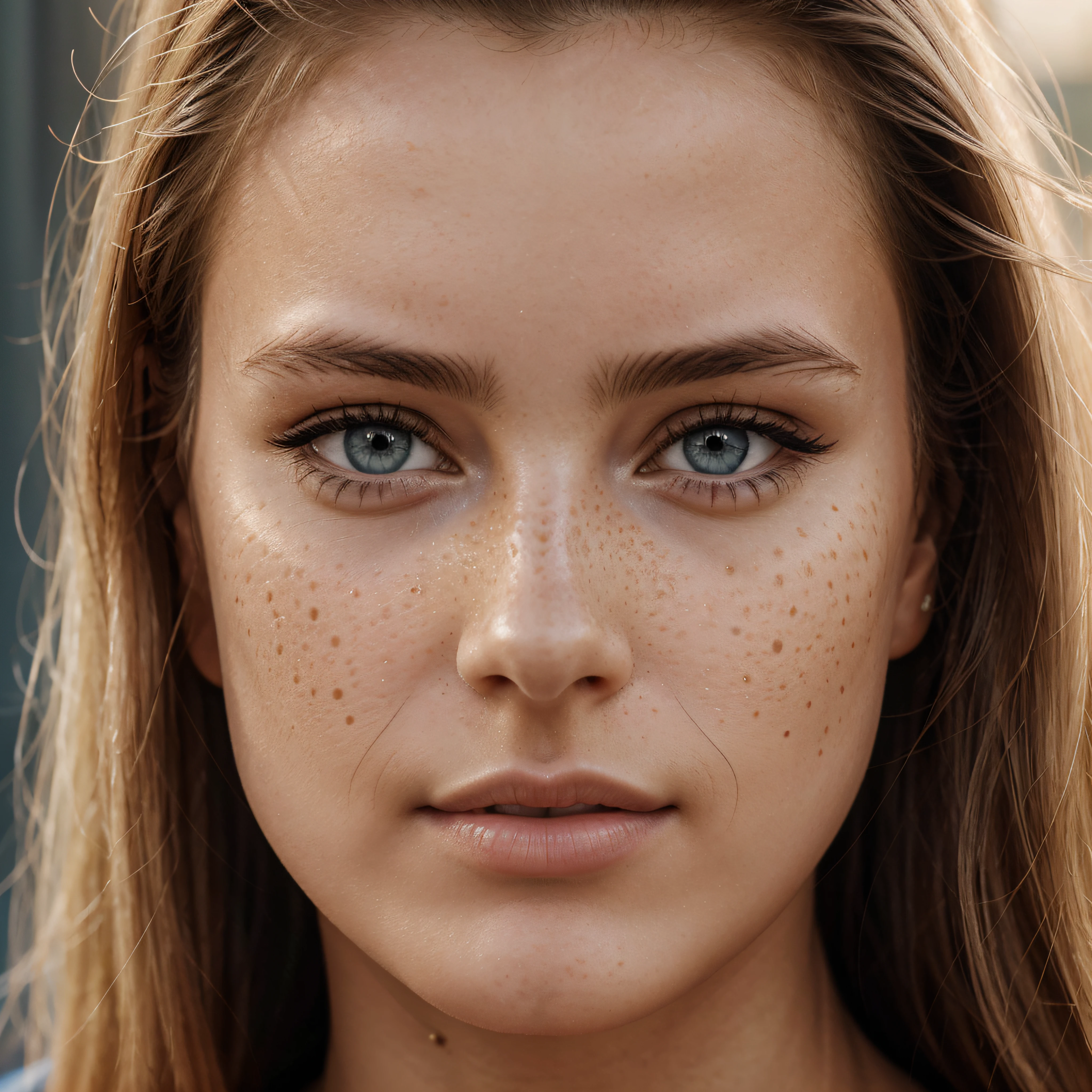 ultra face close up, face up,1Girl 18 years old, nur, Lange Haare, Blick auf den Betrachter, blonde hair, BLONDE, Blond girl, blaue Augen, Schmuck, Halskette, schulterfrei, pullover, lips, realistisch, Nase, Flirten mit der Kamera, close up shot, realism, detailed eyes, skin imperfection, small forhead, fine small freckles, natural, without reflection and shadow on the face, without glare, ultra high face texture, colours, realism, 8K, natural, big lips, full lips, hyper detailed photo, photorealistic, PHOTO, RAW, modeling, girl model, epic advertisment, cinematic shot, cinematic, pretty face, hot, sexy, NO WRINKLES,