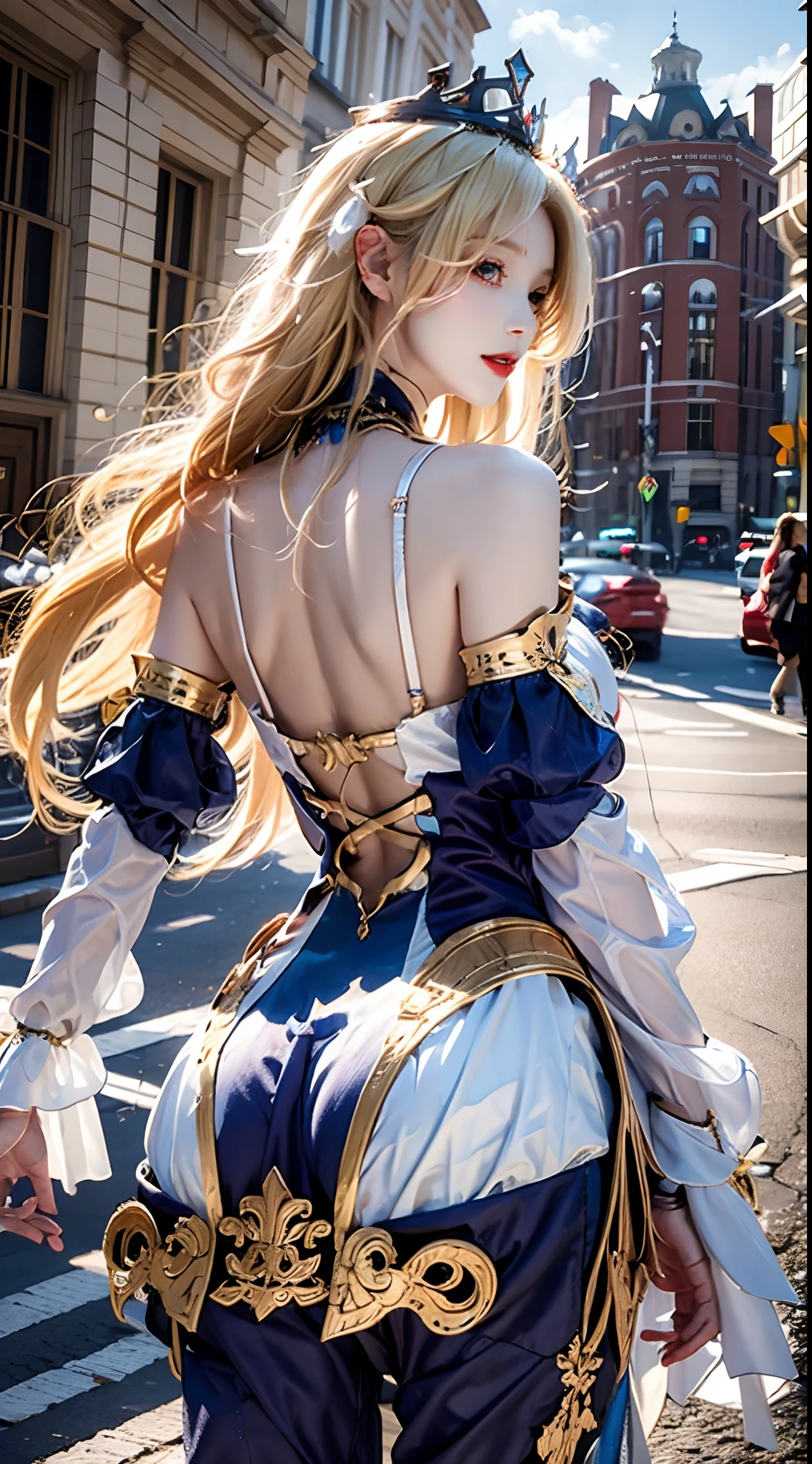 photorealistic, high resolution, soft lights, 1women, solo, hips up, blonde long hair, tiara,bare shoulders, detached sleeves, (fischl's short dress), streets, sunshine, back view