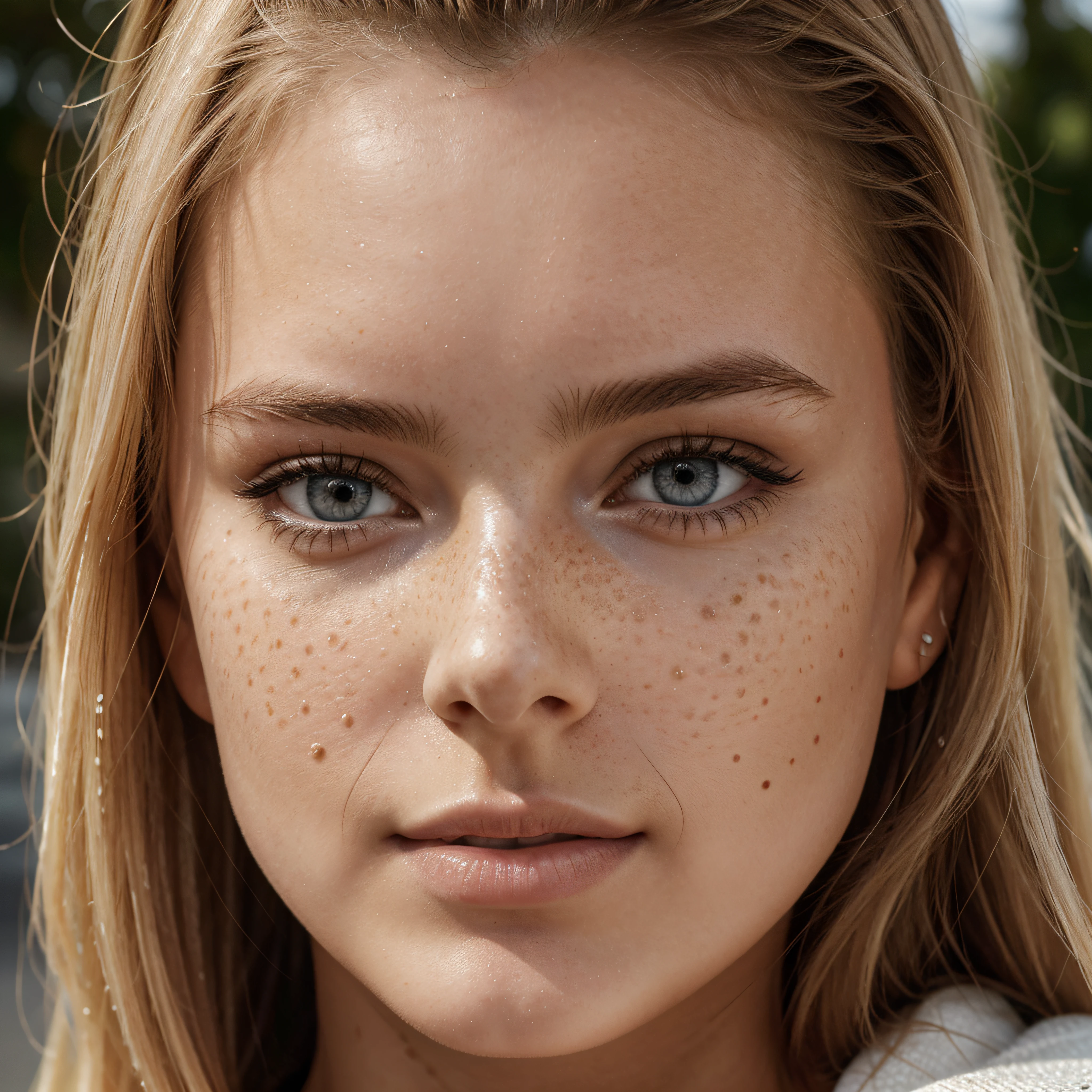 ultra face close up, face up,1Girl 18 years old, nur, Lange Haare, Blick auf den Betrachter, blonde hair, BLONDE, Blond girl, blaue Augen, Schmuck, Halskette, schulterfrei, pullover, lips, realistisch, Nase, Flirten mit der Kamera, close up shot, realism, detailed eyes, skin imperfection, small forhead, fine small freckles, natural, without reflection and shadow on the face, without glare, ultra high face texture, colours, realism, 8K, natural, big lips, full lips, hyper detailed photo, photorealistic, PHOTO, RAW, modeling, girl model, epic advertisment, cinematic shot, cinematic, pretty face, hot, sexy, NO WRINKLES,