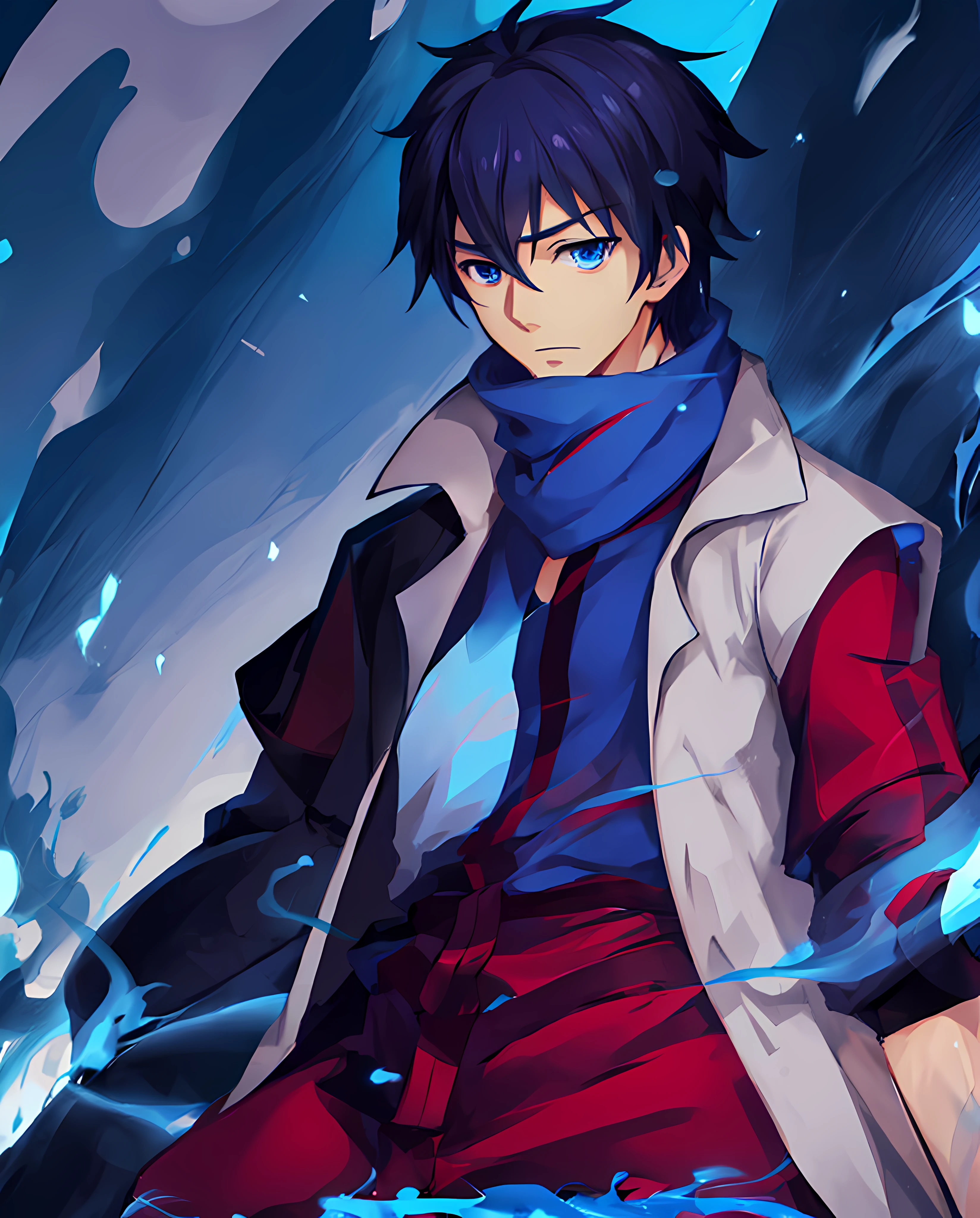 Anime character with blue eyes and a scarf standing in front of a blue background, cara de anime alto com olhos azuis, inspirado em Okumura Masanobu, Okata Kazuto., inspirado em Okumura Togyu, atraente matoi ryuko, anime moe artstyle, menino anime, 2 d estilo anime, Matoi Ryuko, Ike Nobutaka