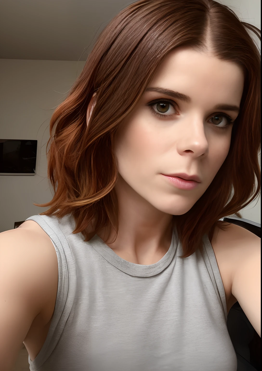 Un selfie de Kate Mara avec les cheveux de Mia Wallace, Taken with iPhone camera
