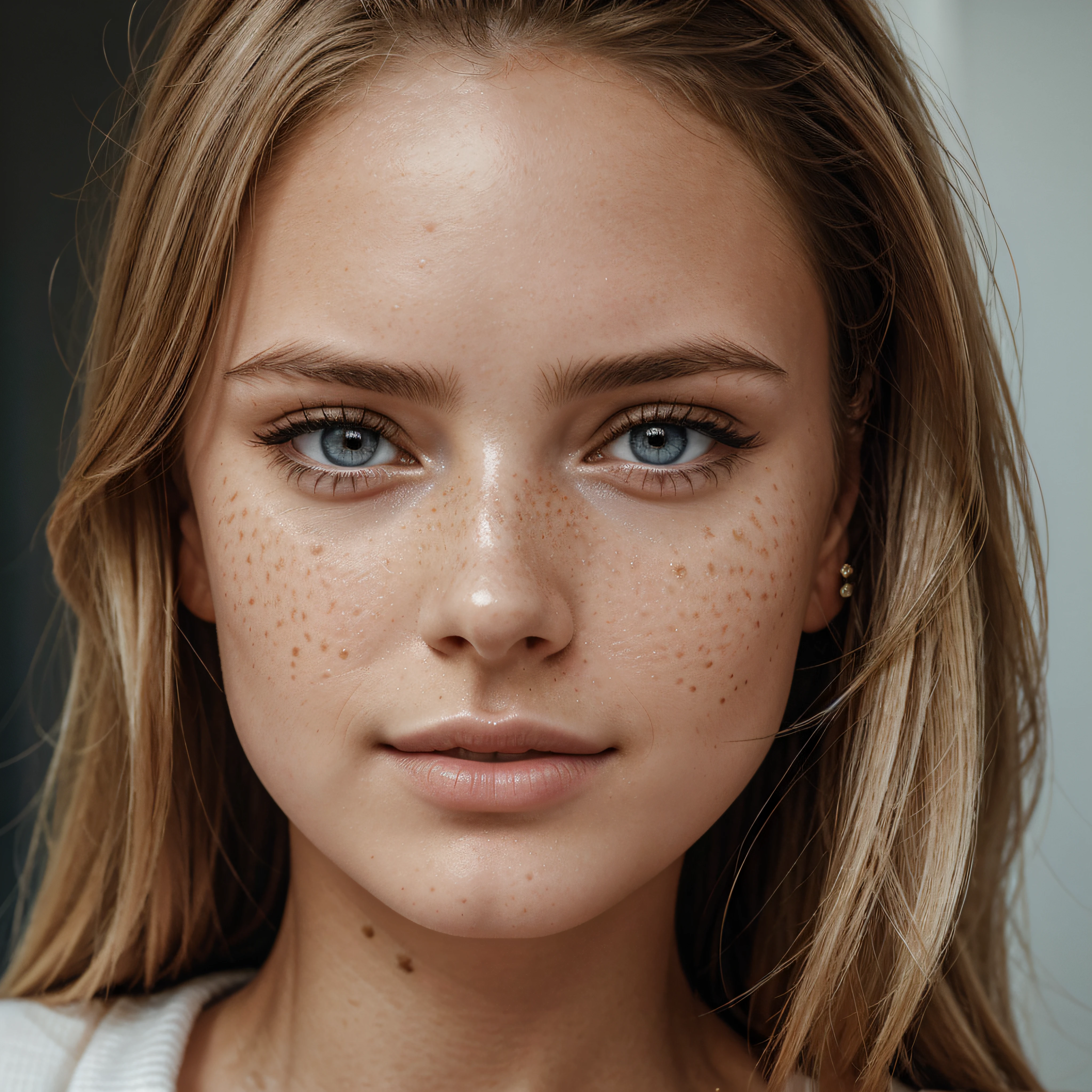 ultra face close up, face up,1Girl 18 years old, nur, Lange Haare, Blick auf den Betrachter, blonde hair, BLONDE, Blond girl, blaue Augen, Schmuck, Halskette, schulterfrei, pullover, lips, realistisch, Nase, Flirten mit der Kamera, close up shot, realism, detailed eyes, skin imperfection, small forhead, fine small freckles, natural, without reflection and shadow on the face, without glare, ultra high face texture, colours, realism, 8K, natural, big lips, full lips, hyper detailed photo, photorealistic, PHOTO, RAW, modeling, girl model, epic advertisment, cinematic shot, cinematic, pretty face, hot, sexy, NO WRINKLES,