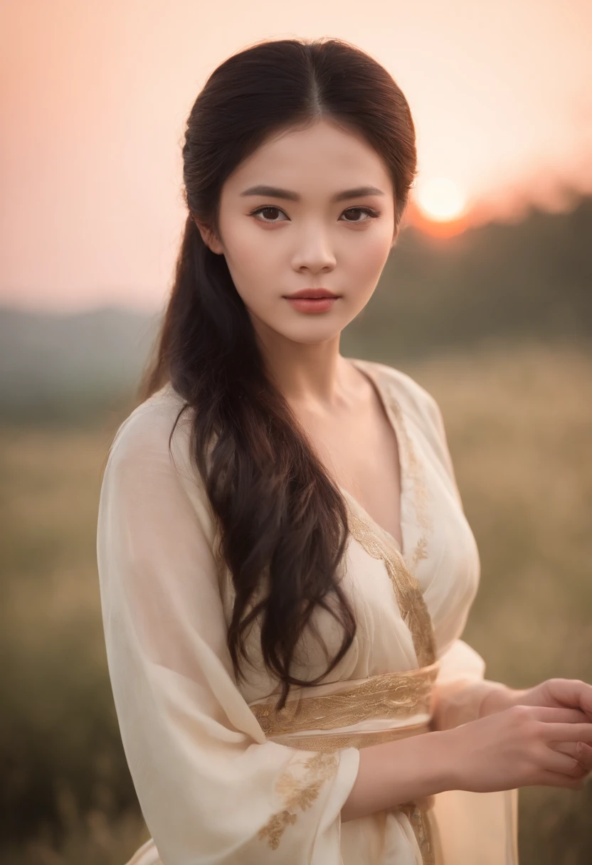 light skinned, Women around 19 years old, Natural black hair, Distinctive black eyes,Wearing the Twelve Simple, slender and graceful,, Beautiful, Sunset with Heian period atmosphere, Ultra Sharp Focus, realistic shot, Peace Women's Clothing,Brilliant sunset,