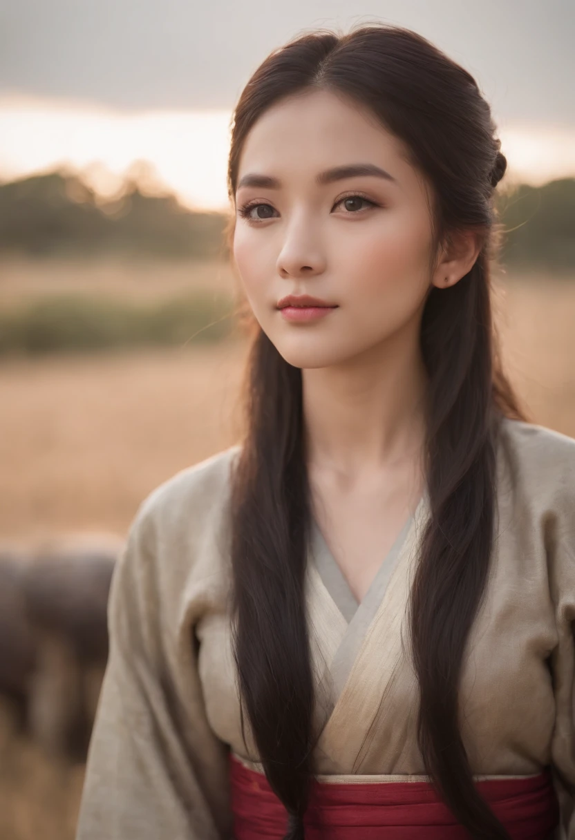 light skinned, Women around 19 years old, Natural black hair, Distinctive black eyes,Wearing the Twelve Simple, slender and graceful,, Beautiful, Sunset with Heian period atmosphere, Ultra Sharp Focus, realistic shot, Peace Women's Clothing,Brilliant sunset,