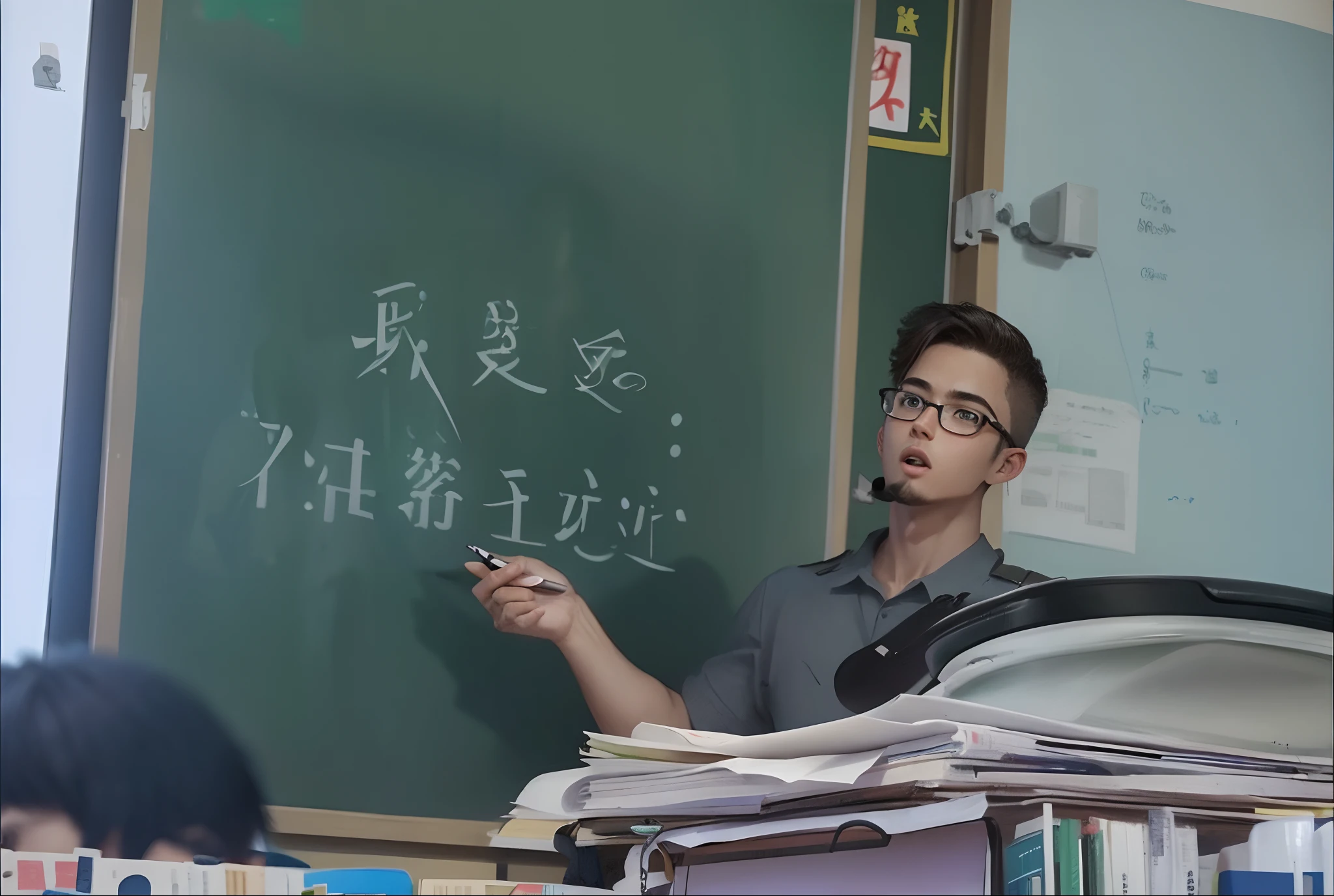 A male classroom wearing glasses teaches in a classroom,Use your hand to indicate what is written on the board,The expression is more godless,Wearing a megaphone,The hair is very short,((Older))